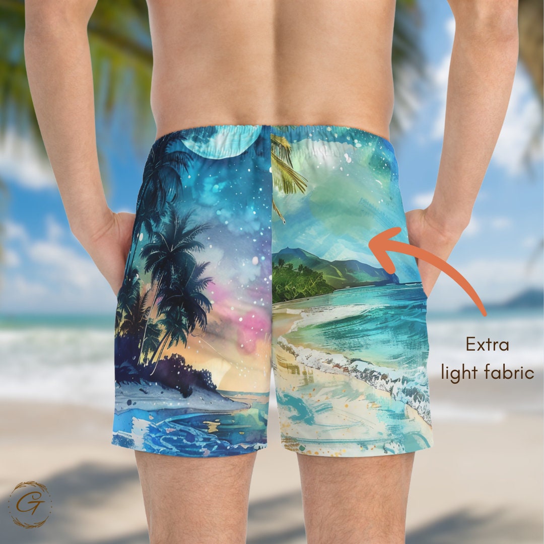 Tropical Beach Swim Shorts, Colorful AOP Design, Perfect for Summer Fun, Beachwear Gift, Tropical Beach Design, Perfect Idea for Summer Gift