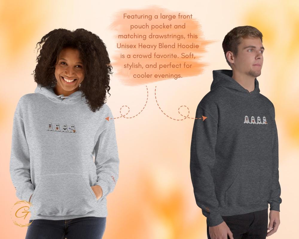 Halloween Ghosts Hoodie,Embroidery Design Four Boos Graphic Hooded Sweatshirt Spooky Season Hooded Pullover Spooky Ghost Warm-Up Top Sweater