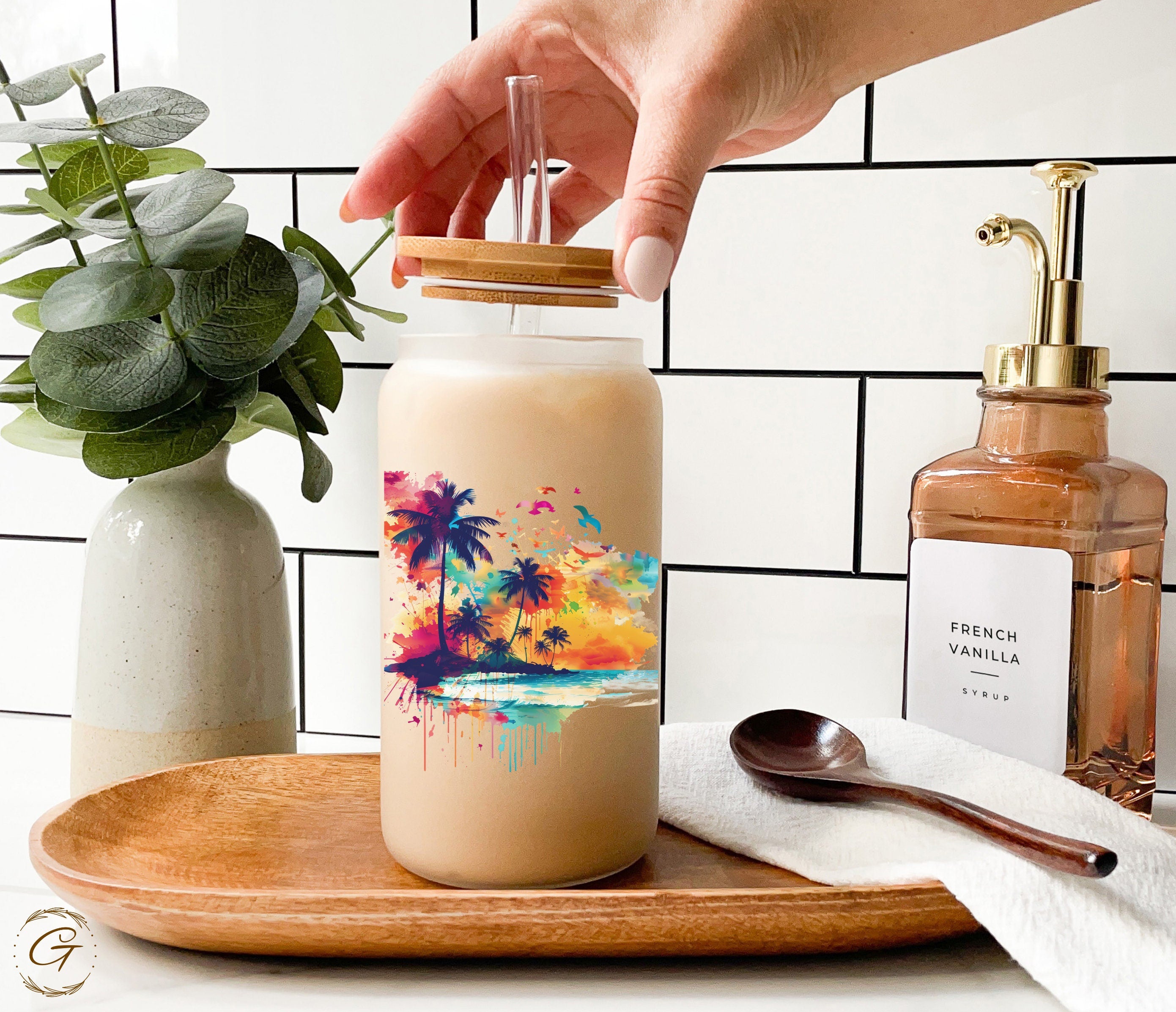 Tropical Beach Sunset Art Summer 2024 Colorful Palm Trees Print Frosted Glass Cup