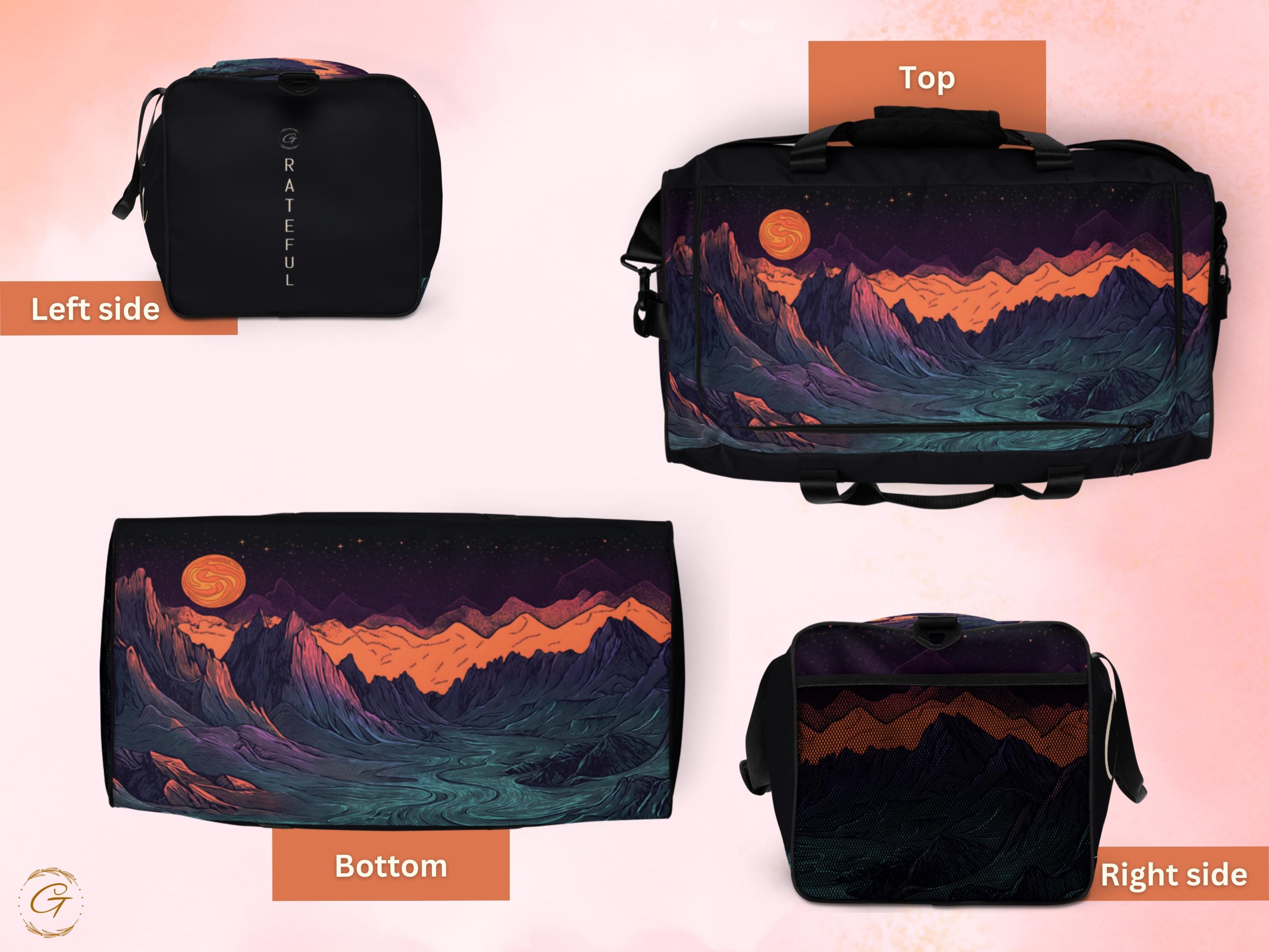 Galaxy AOP Landscape Duffle Bag -Cosmic Mountain Design, Stylish Overnight Duffel Bag, Durable Travel Tote, Gym Bag for Nature & Space Lover