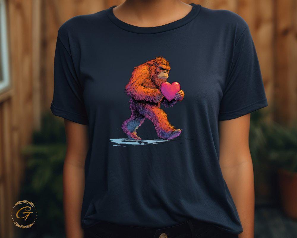 Bigfoot Sasquatch Holding Heart Graphic Tee