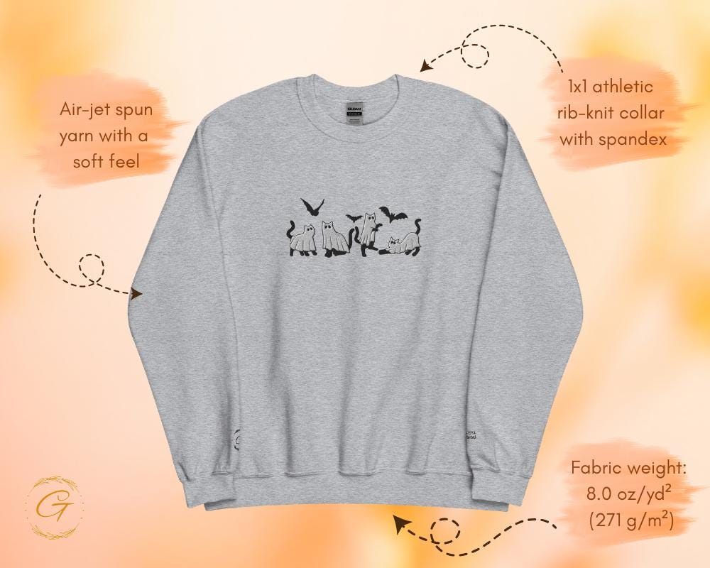 Halloween Sweatshirt, Embroidery Ghost Cats Sweatshirt Spooky Casual Sweatshirt, Long-Sleeve Crewneck Cozy Cute Ghost Cat Design Warm-Up Top