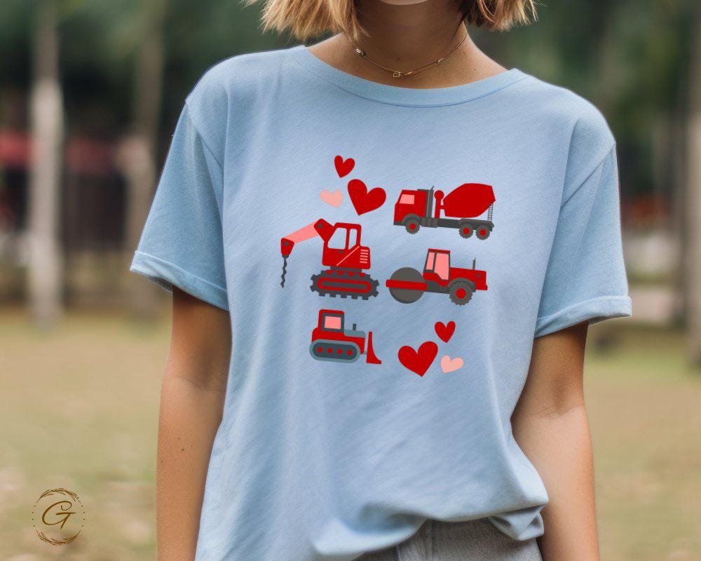 Valentine T-Shirt, Construction Vehicles and Hearts Tee