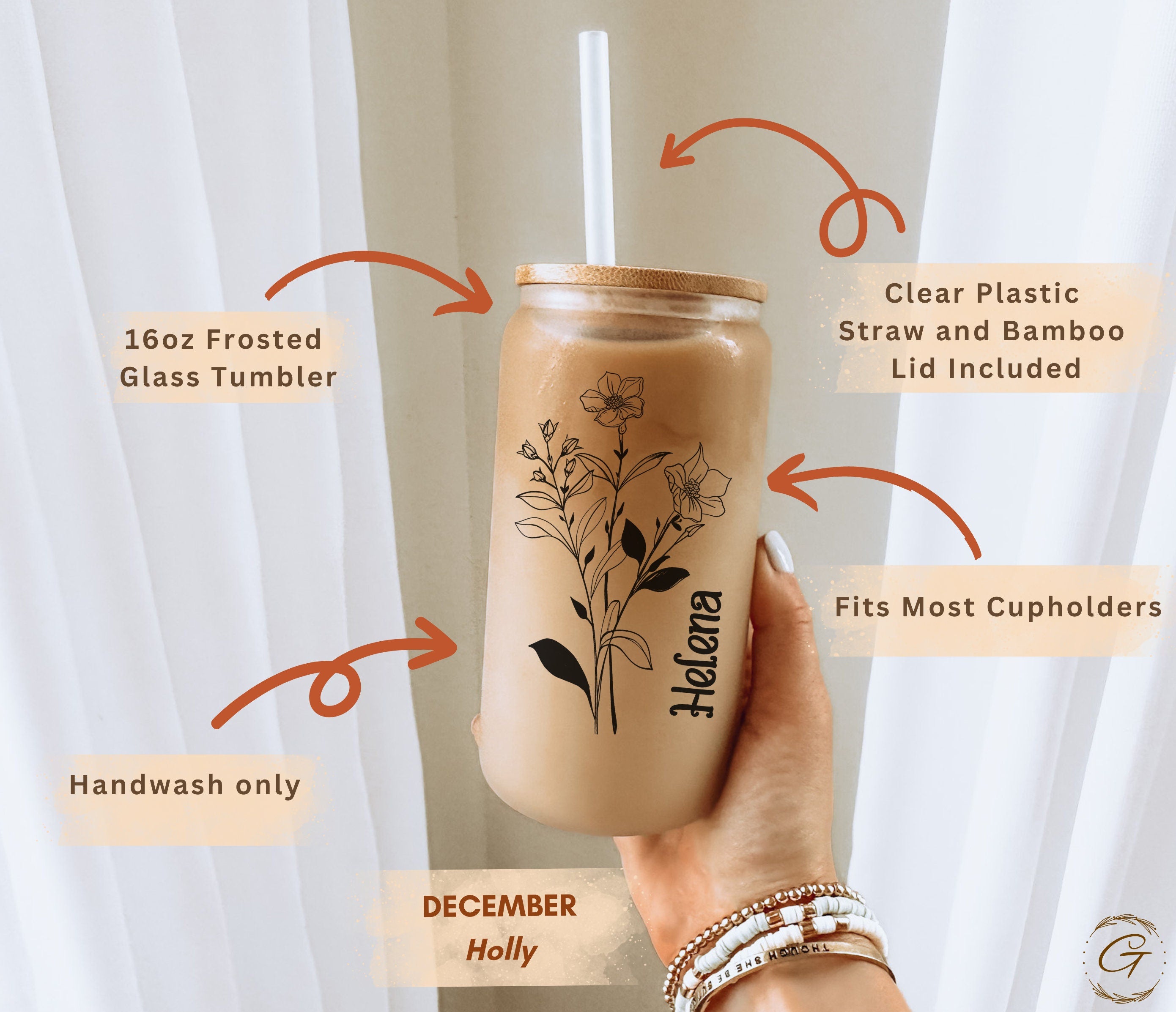 Personalized Birth Month Flowers Frosted Glass Cup Tumbler Custom Frosted Design Perfect Personalized Gift, Unique Keepsake Cup Ideal Gift