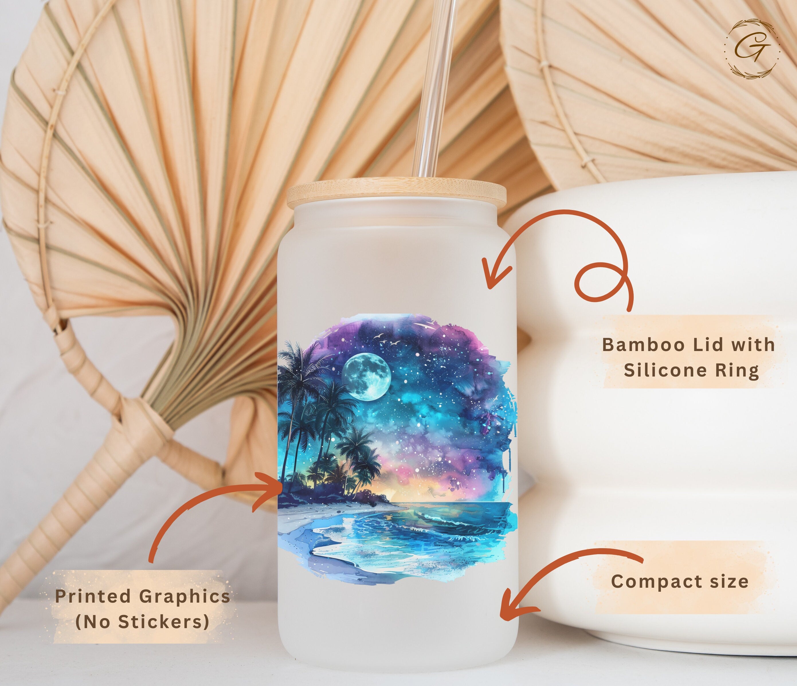 Tropical Night Beach Scene Personalized 16-oz Frosted Glass Cup