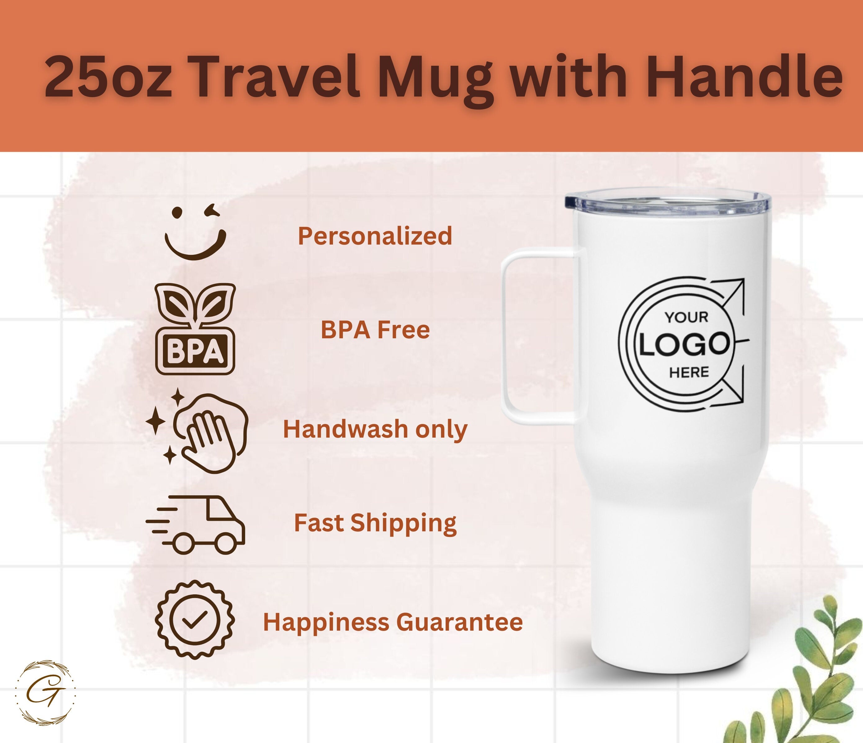 Personalized 25oz Travel Mug with Handle, Customized Logo Stainless Steel