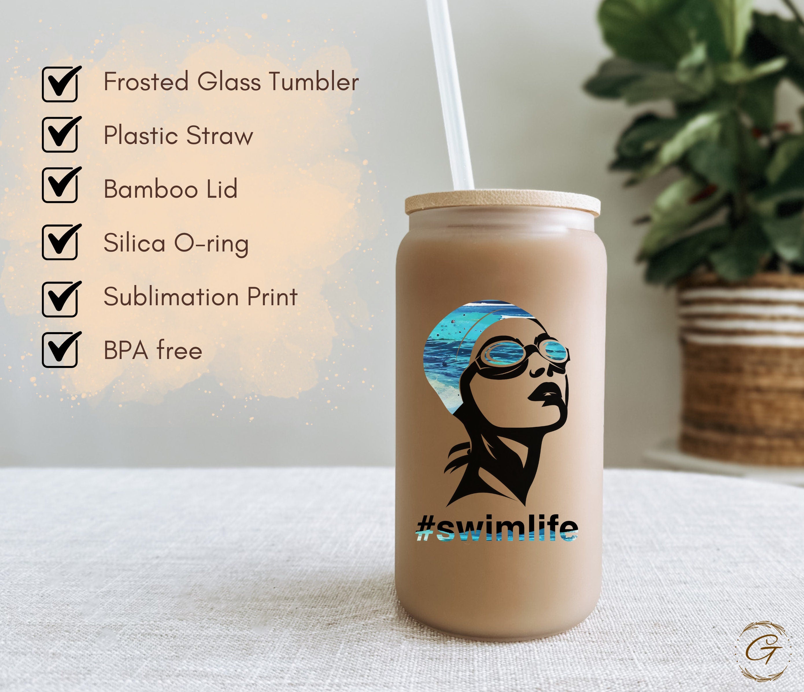 Swim Life Frosted Glass Cup Design, Personalized Name Libbey Cup
