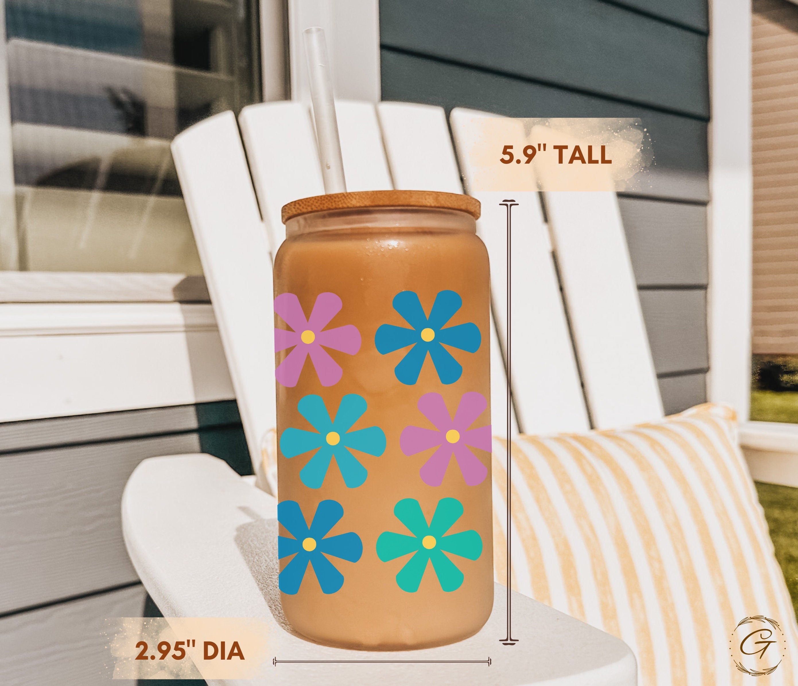 Daisy Flowers Frosted Libbey Glass 16oz Floral Print Iced Coffee Glass, Perfect for Summer Beverage, Birthday Gift for Her, Best Friend Gift