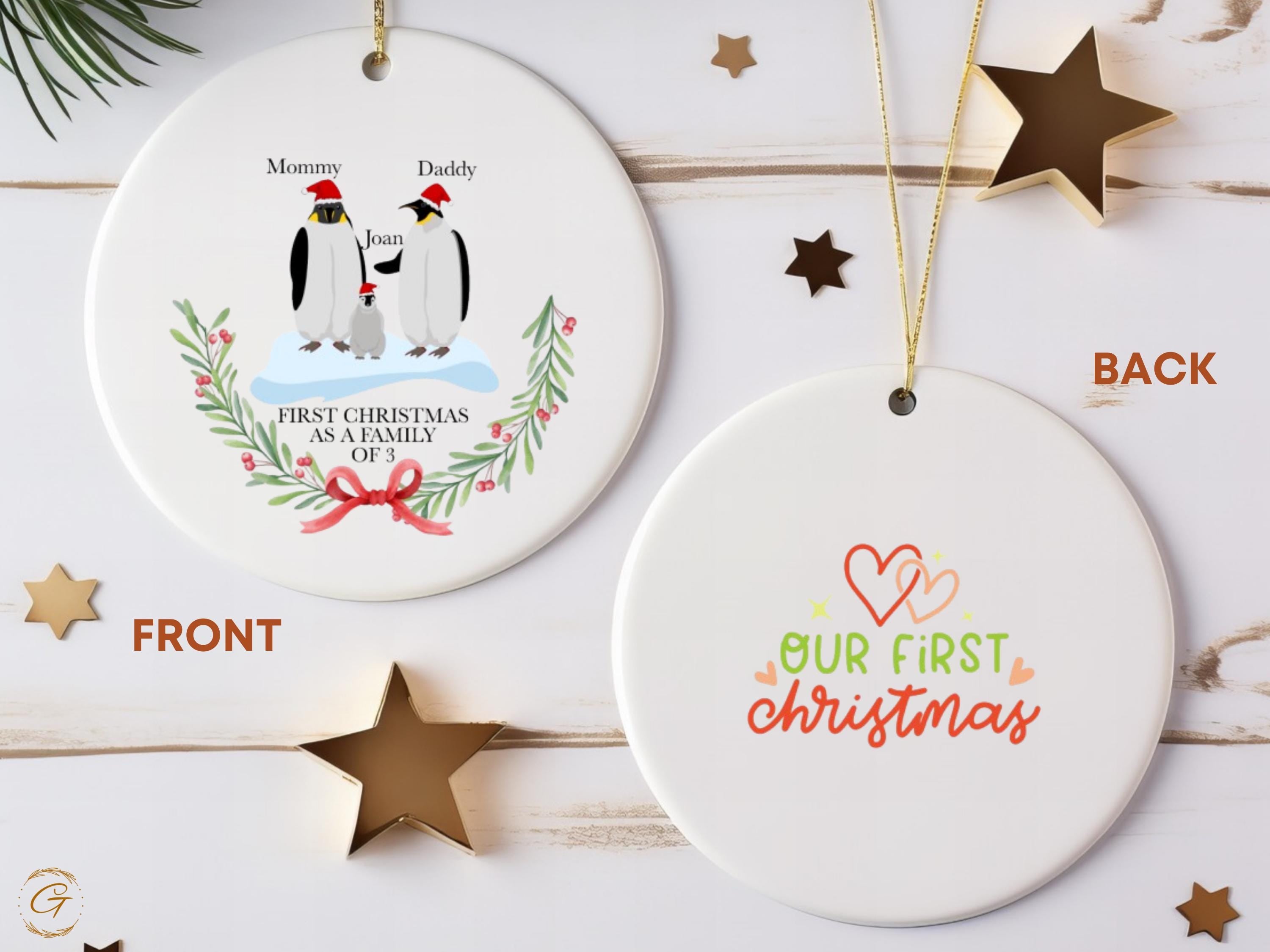 Personalized Family Christmas Ornament, First Christmas as a Family of 3 Ornaments, Penguin Family Holiday Decoration, Custom Names Penguins