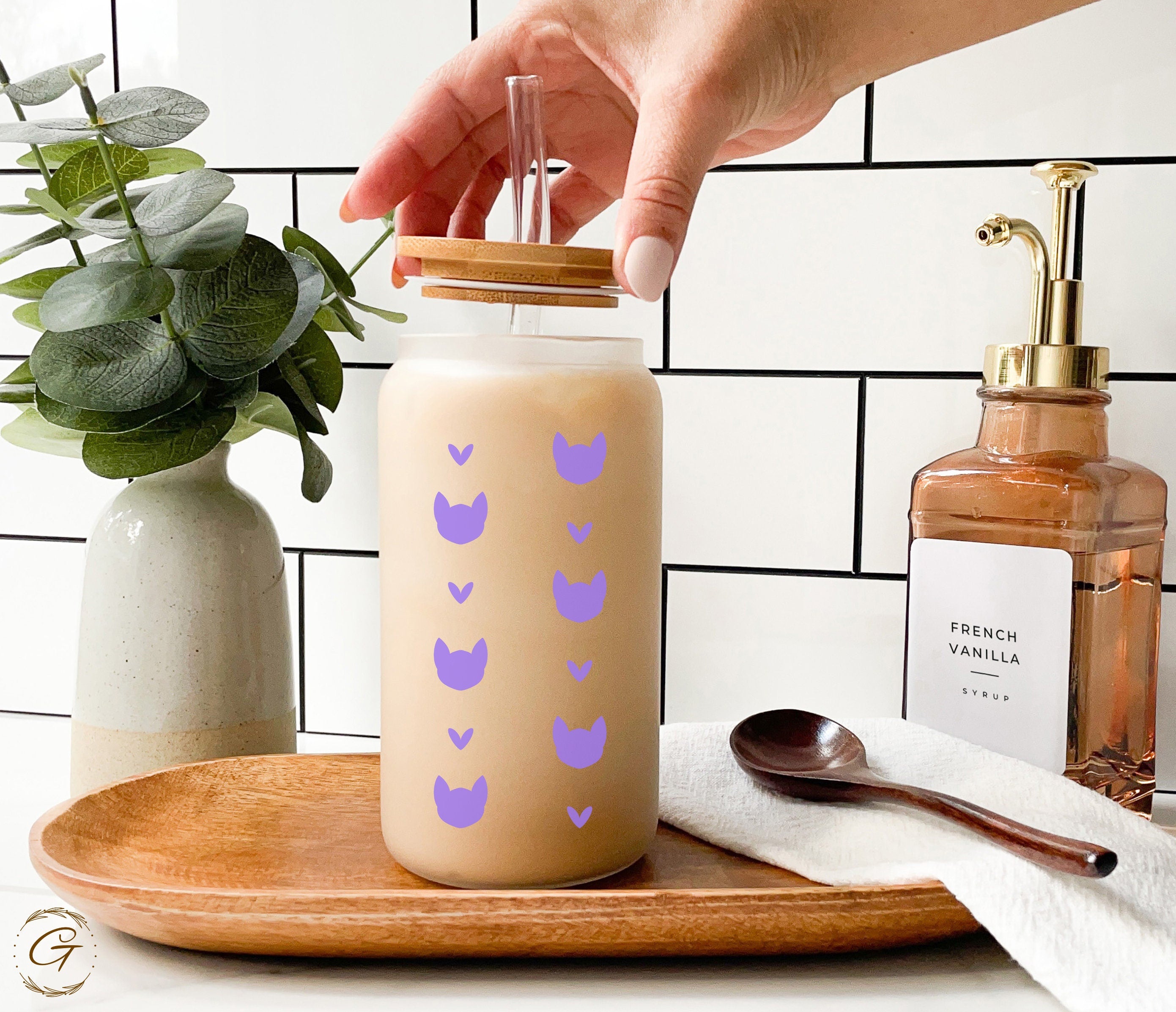 Cat & Heart Mint Frosted Glass Cup Cat Lover Frosted Cup