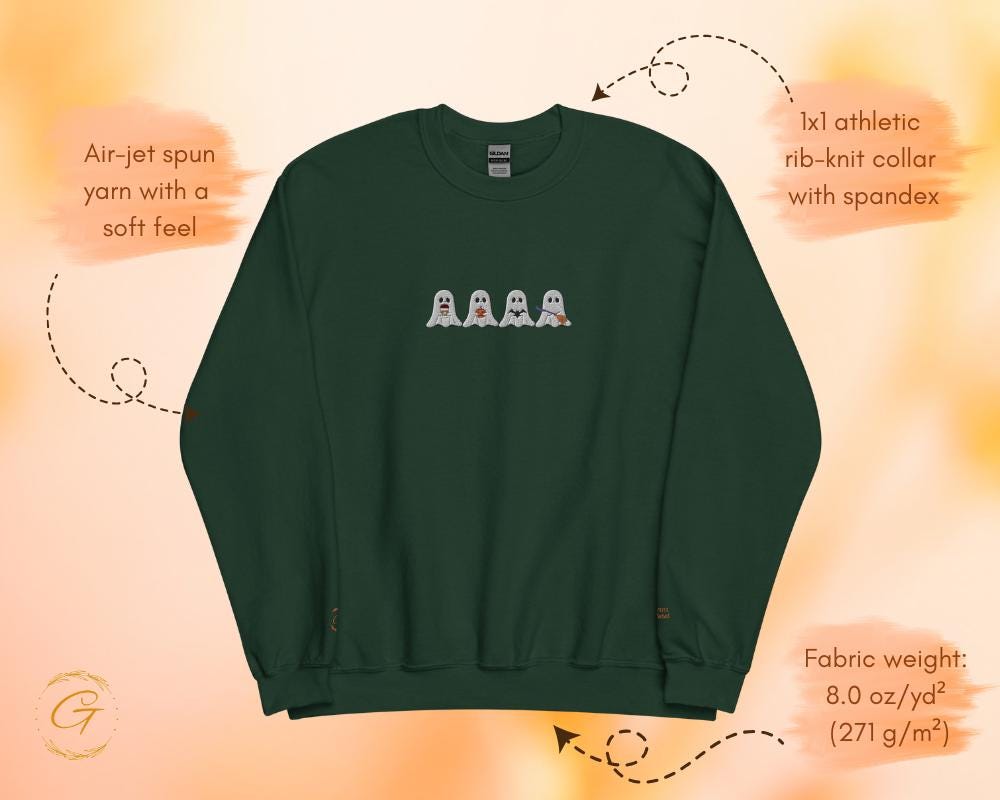 Halloween Sweatshirt, Four Boos Embroidery Design Crewneck, Spooky Season Pullover, Casual Sweater, Ghost Long-Sleeve Top,Spooky Warm-Up Top