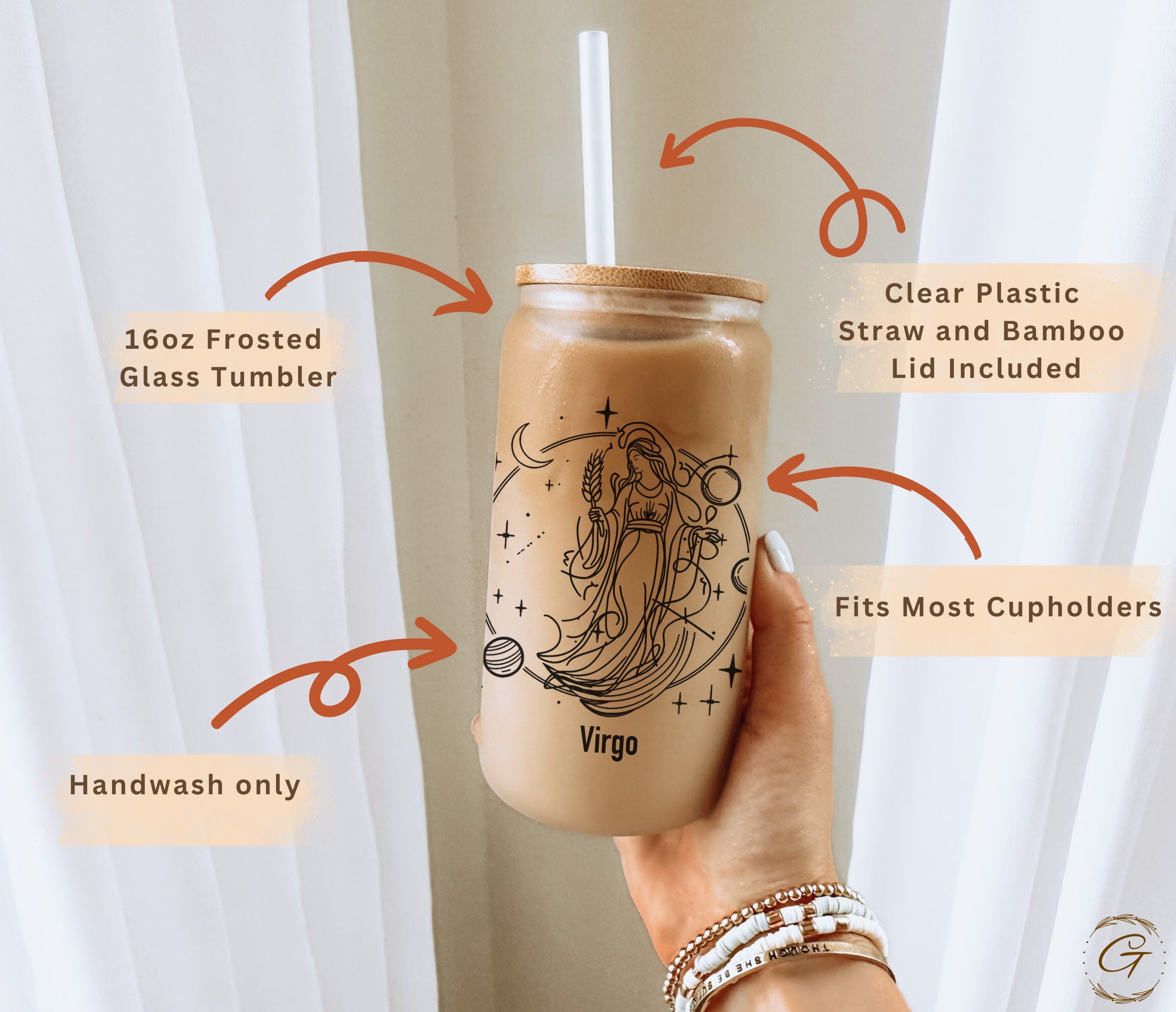 Virgo Zodiac Sign Frosted Glass Cup, Personalized Astrology Gift Coffee Cup