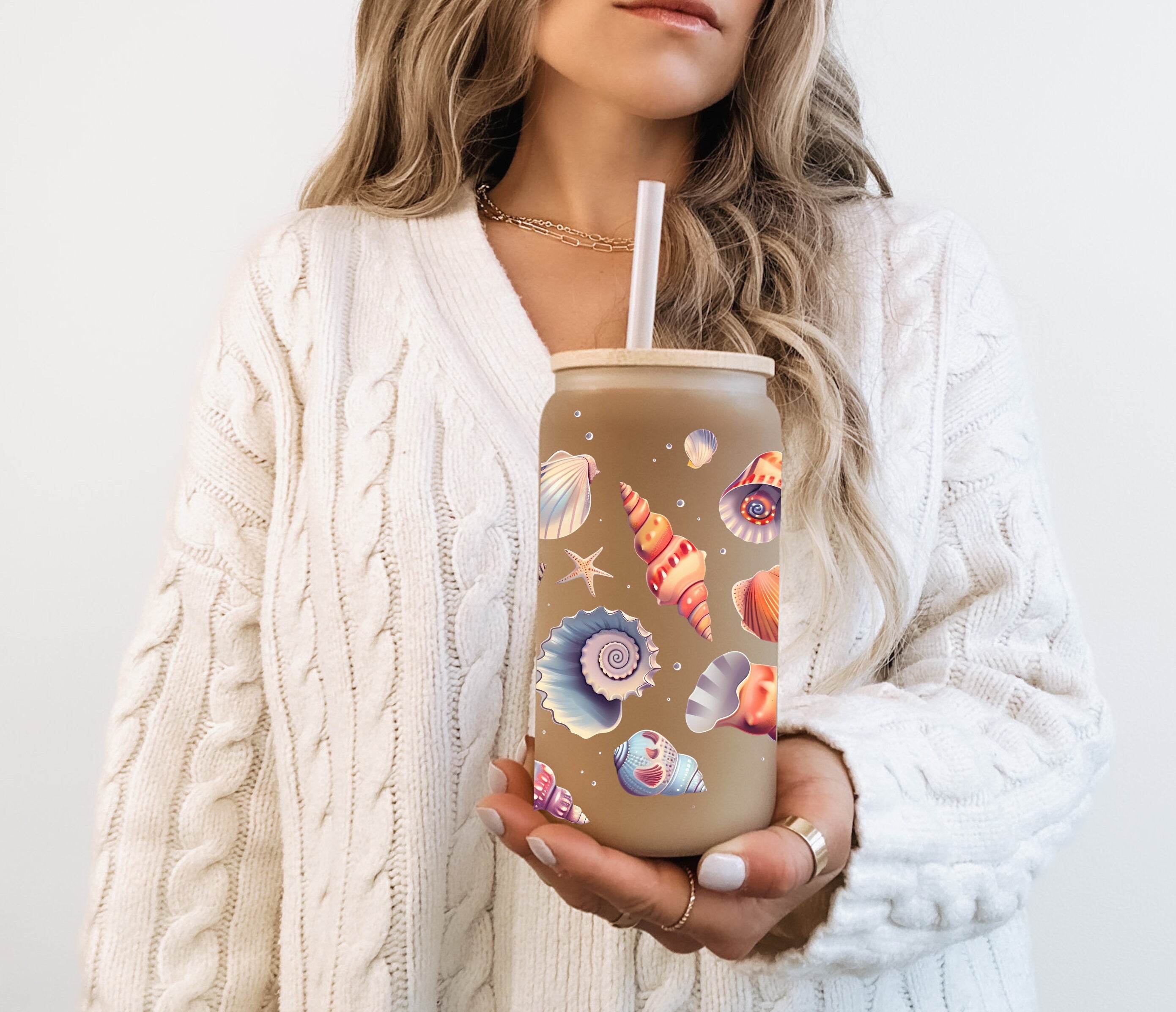 Seashells Frosted Glass Cup Personalized Libbey Cup