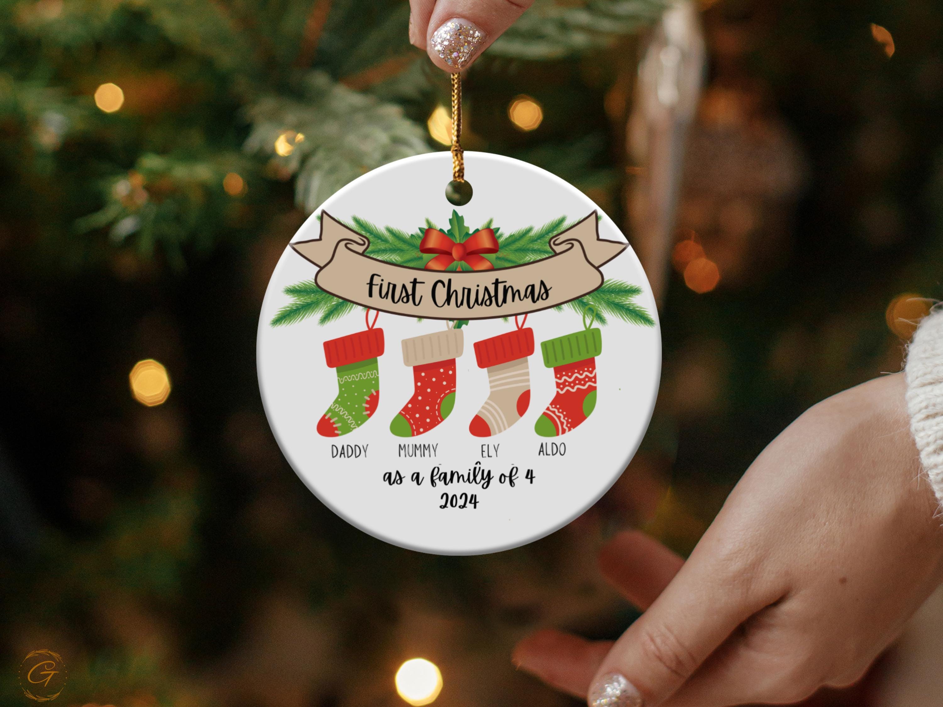 First Christmas Family of 4 Ornament | Personalized Stocking Ornament | Holiday Decor & Christmas Gift 2024 | Unique Gift for Stockings 2024