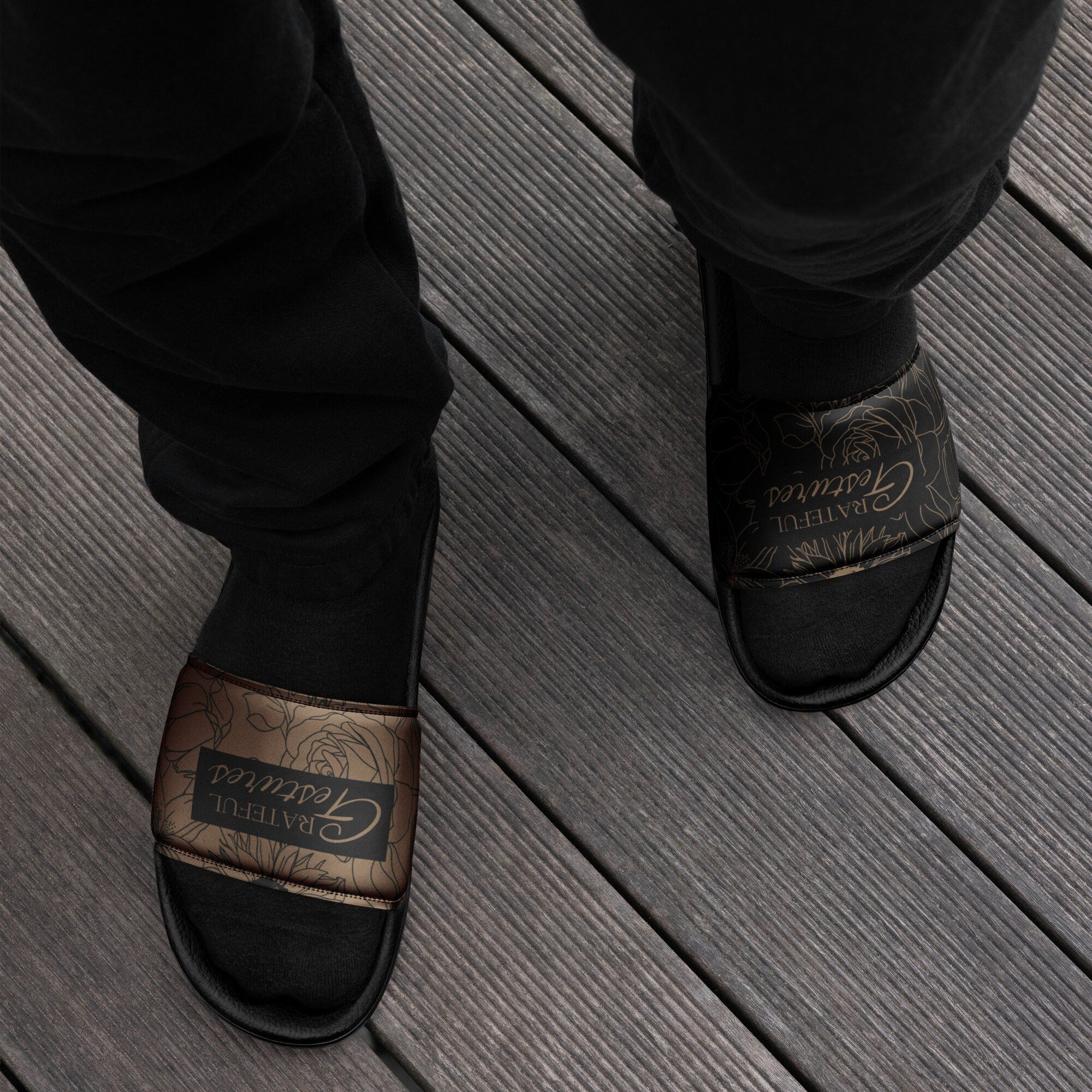 Floral Black and Brown Men's Slides, Comfort Sandals for Everyday Wear, Comfortable Casual Summer Footwear, Stylish Summer Lounge Sandals