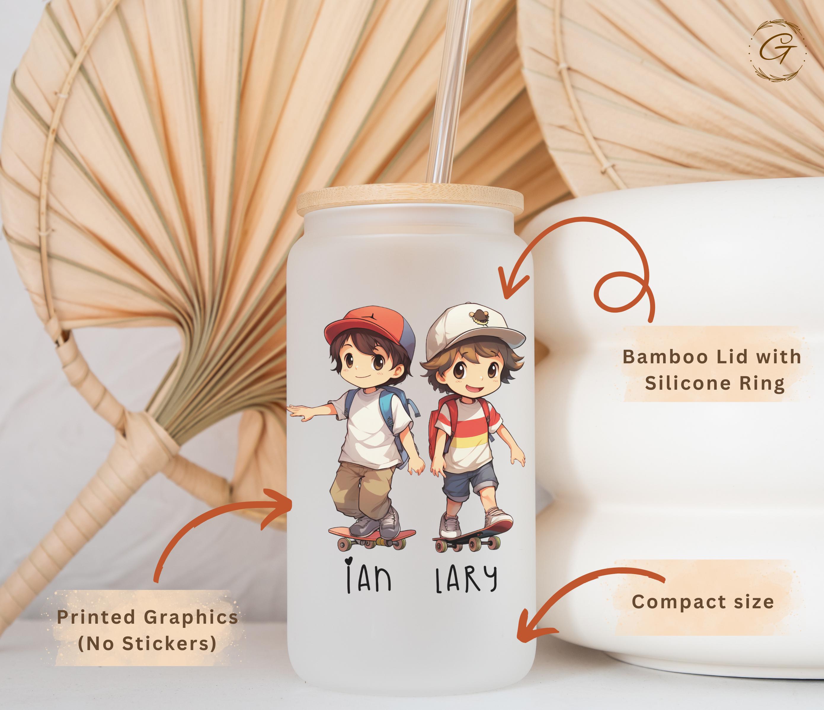 School Buddies Frosted Personalized Glass Cup Kids Skateboarding Libbey Cup