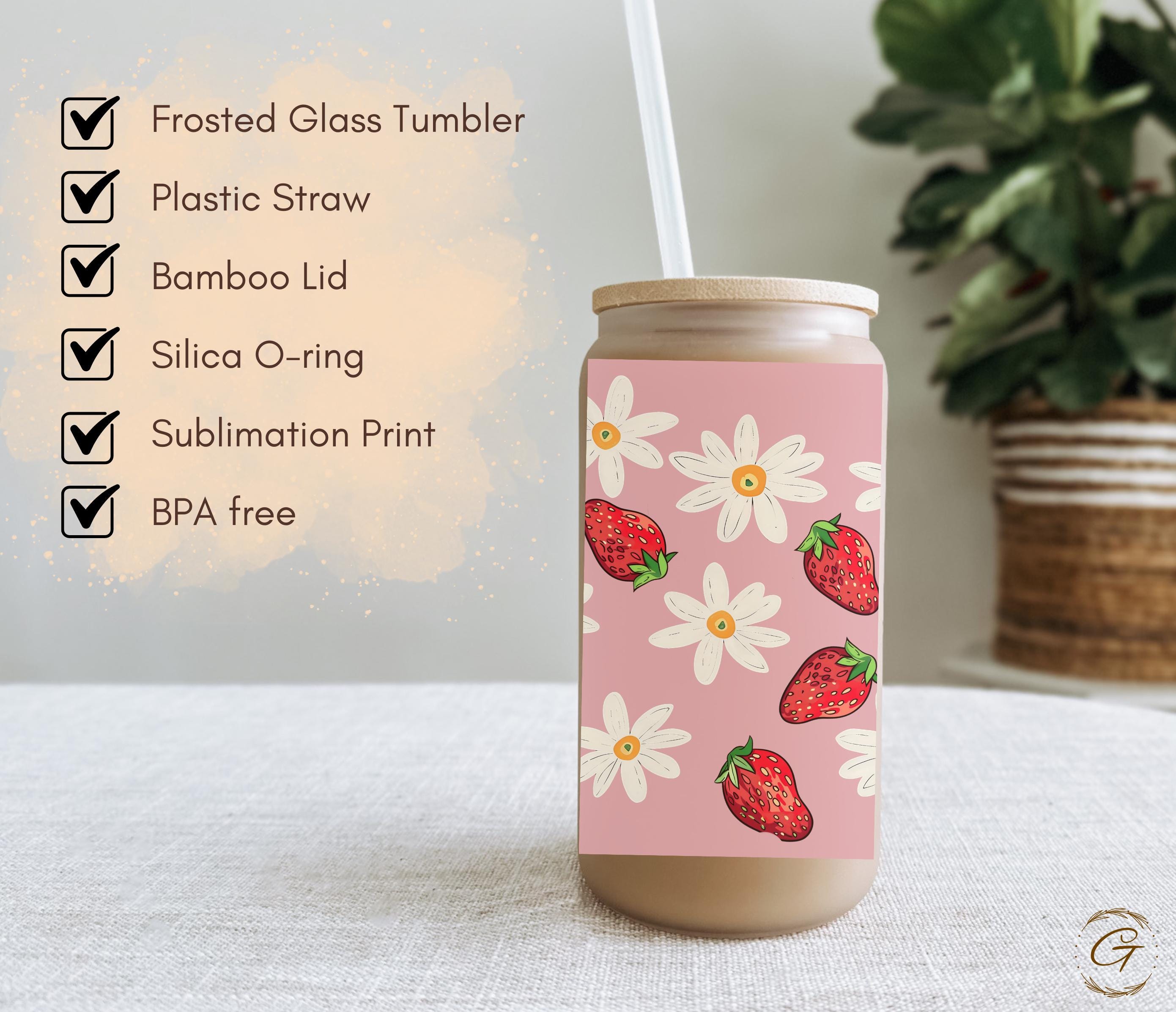 Strawberry and Daisy Design Frosted Glass Cup