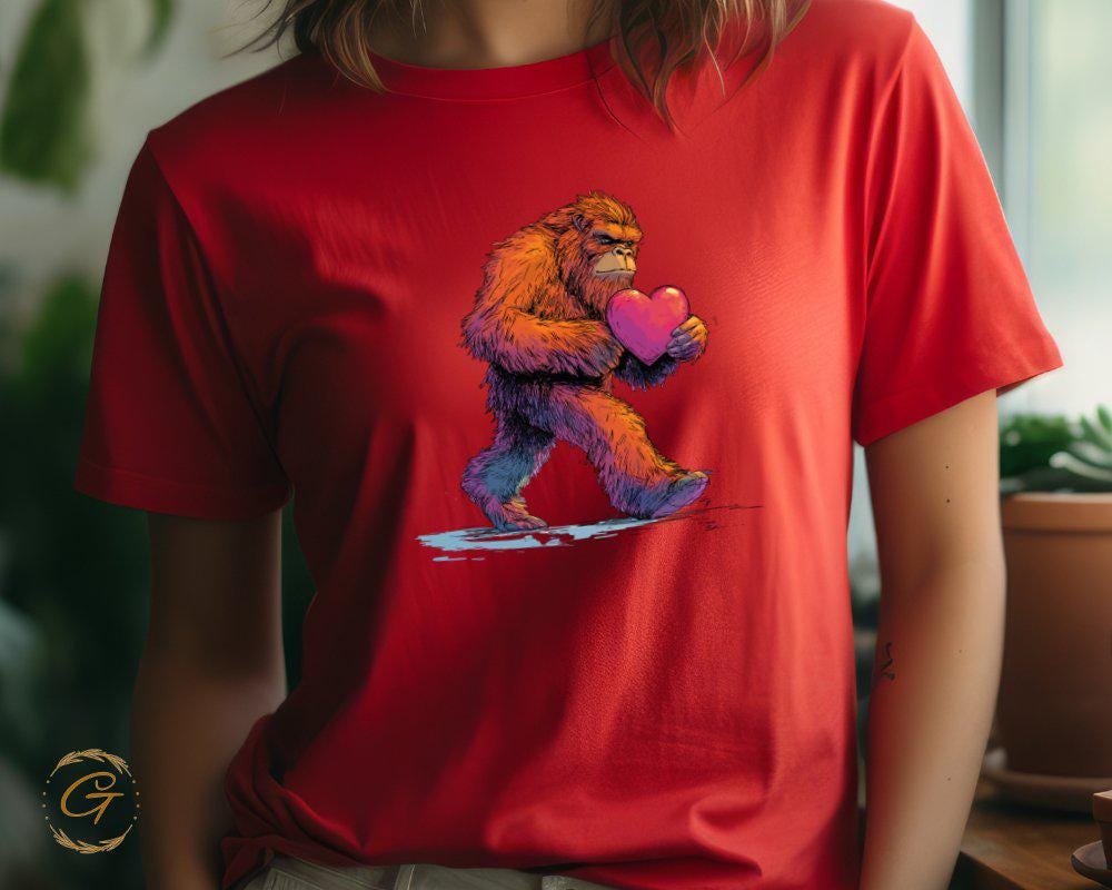 Bigfoot Sasquatch Holding Heart Graphic Tee