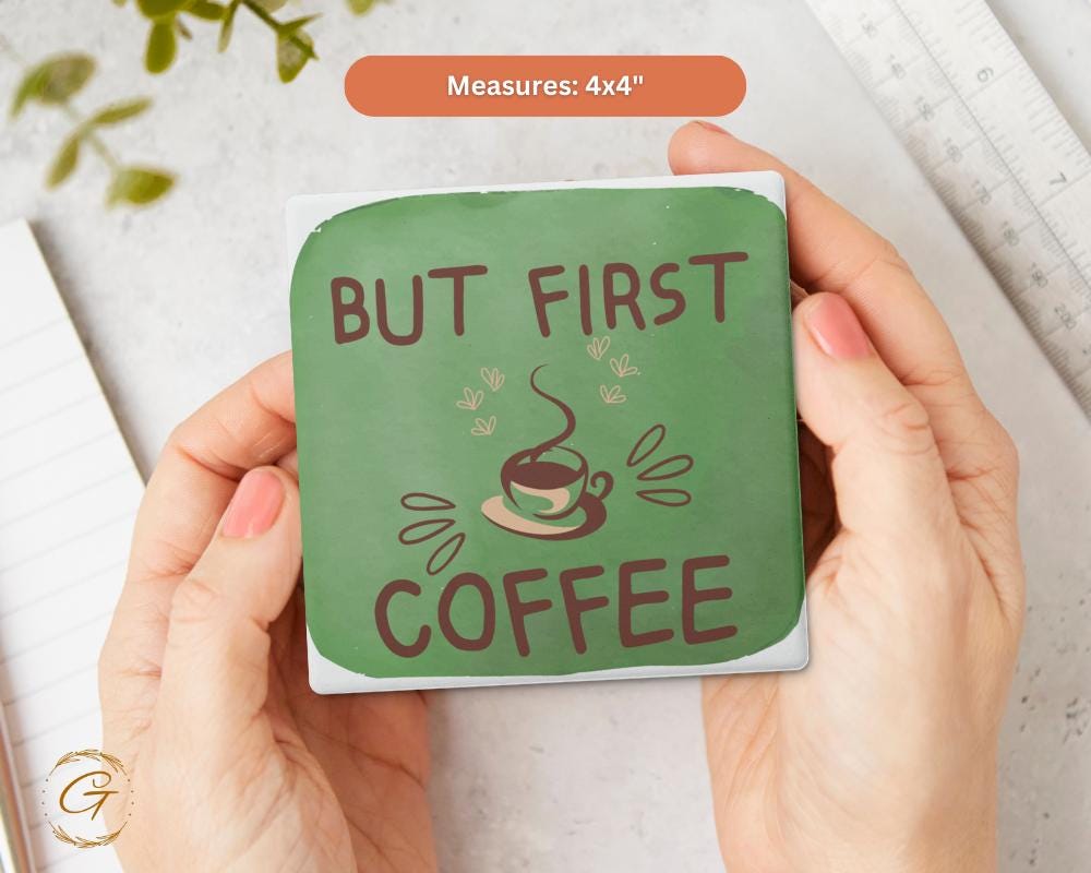 Square Stone Coaster with a Quote "But First Coffee" Cork Backing Stylish Absorbent Coaster Ideal For Coffee Lovers Kitchen and Office Decor
