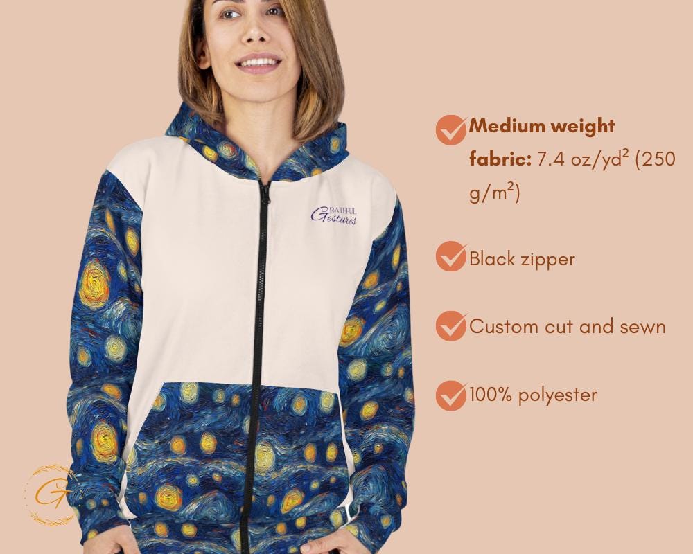 Starry Night White Design Zip Hoodie All-Over Print, Van Gogh-Inspired Sweatshirt
