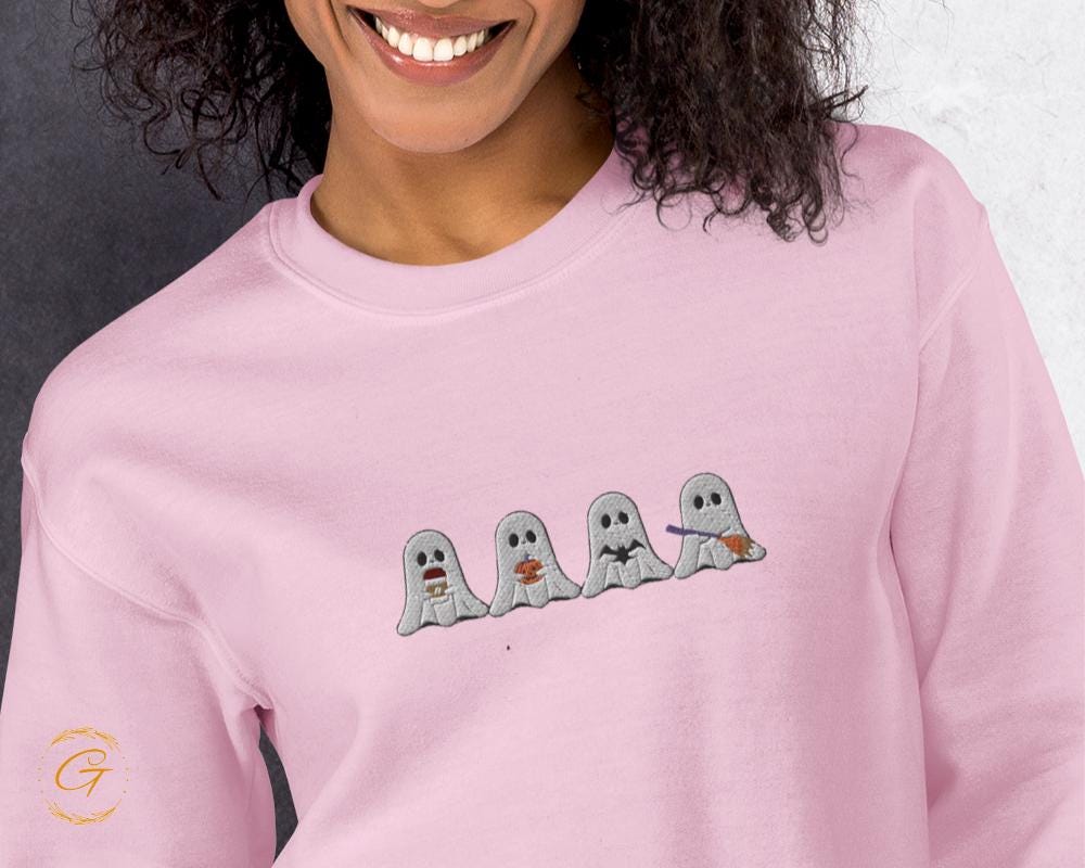 Halloween Sweatshirt, Four Boos Embroidery Design Crewneck, Spooky Season Pullover, Casual Sweater, Ghost Long-Sleeve Top,Spooky Warm-Up Top