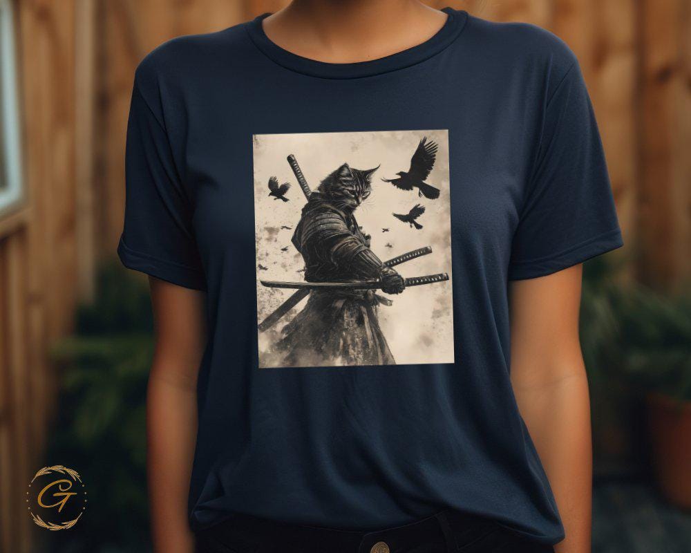 Samurai Cat with Birds Graphic Tee