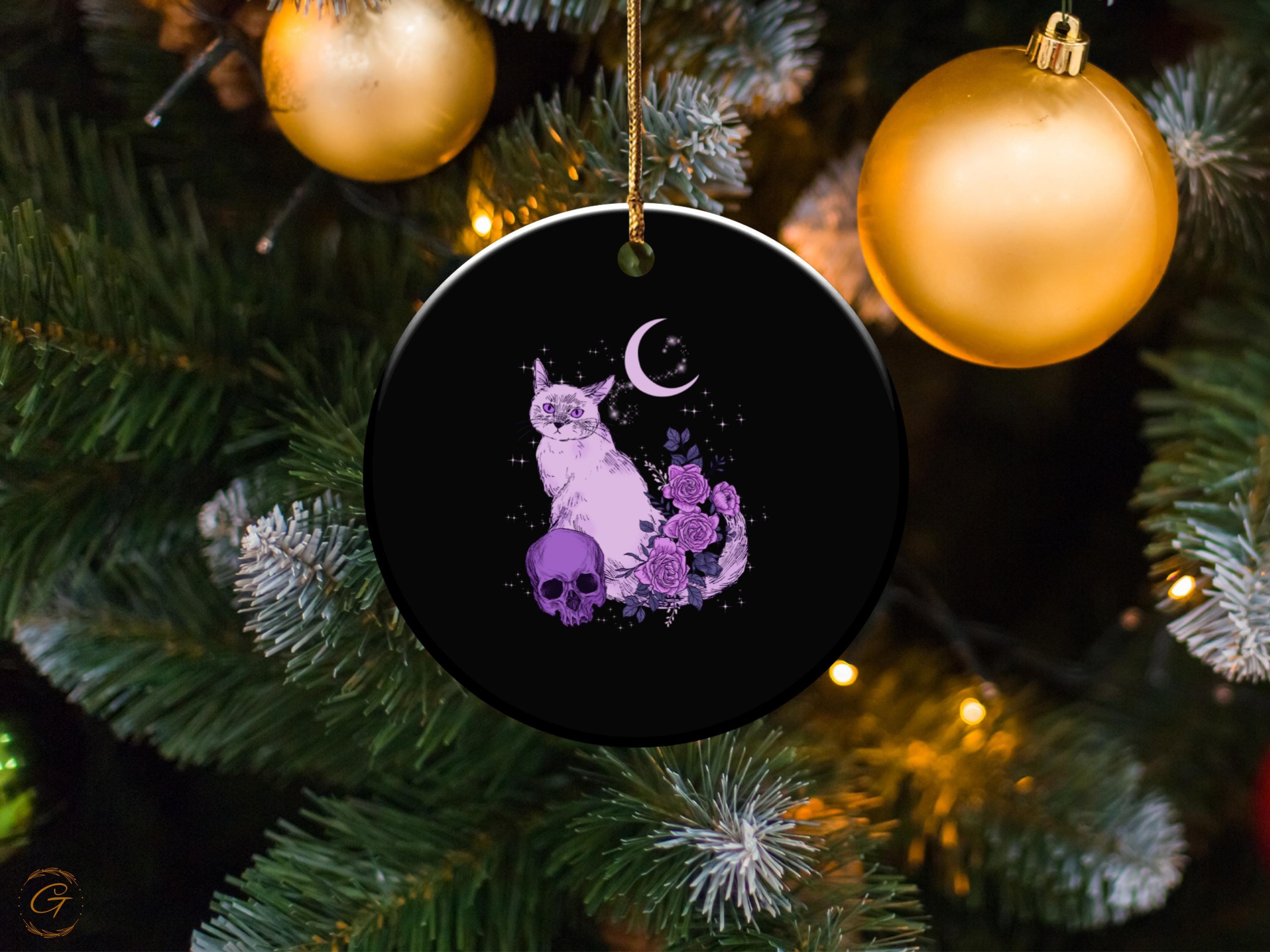 Gothic Black Cat Art Ornament, Moon and Roses Decor, Purple Cat Print, Mystical Home Decoration, Halloween Witchy Ornament Gift, Spooky Gift
