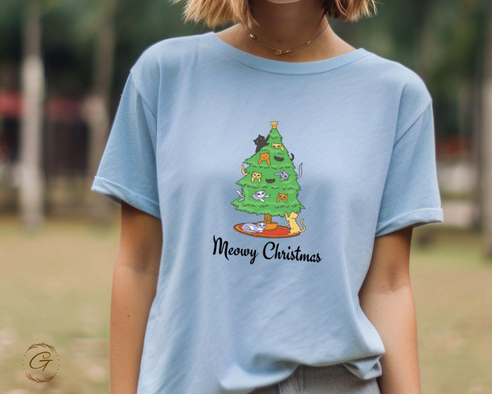 Christmas T-Shirt, Cute Meowy Tee Christmas Cat Tree Shirt