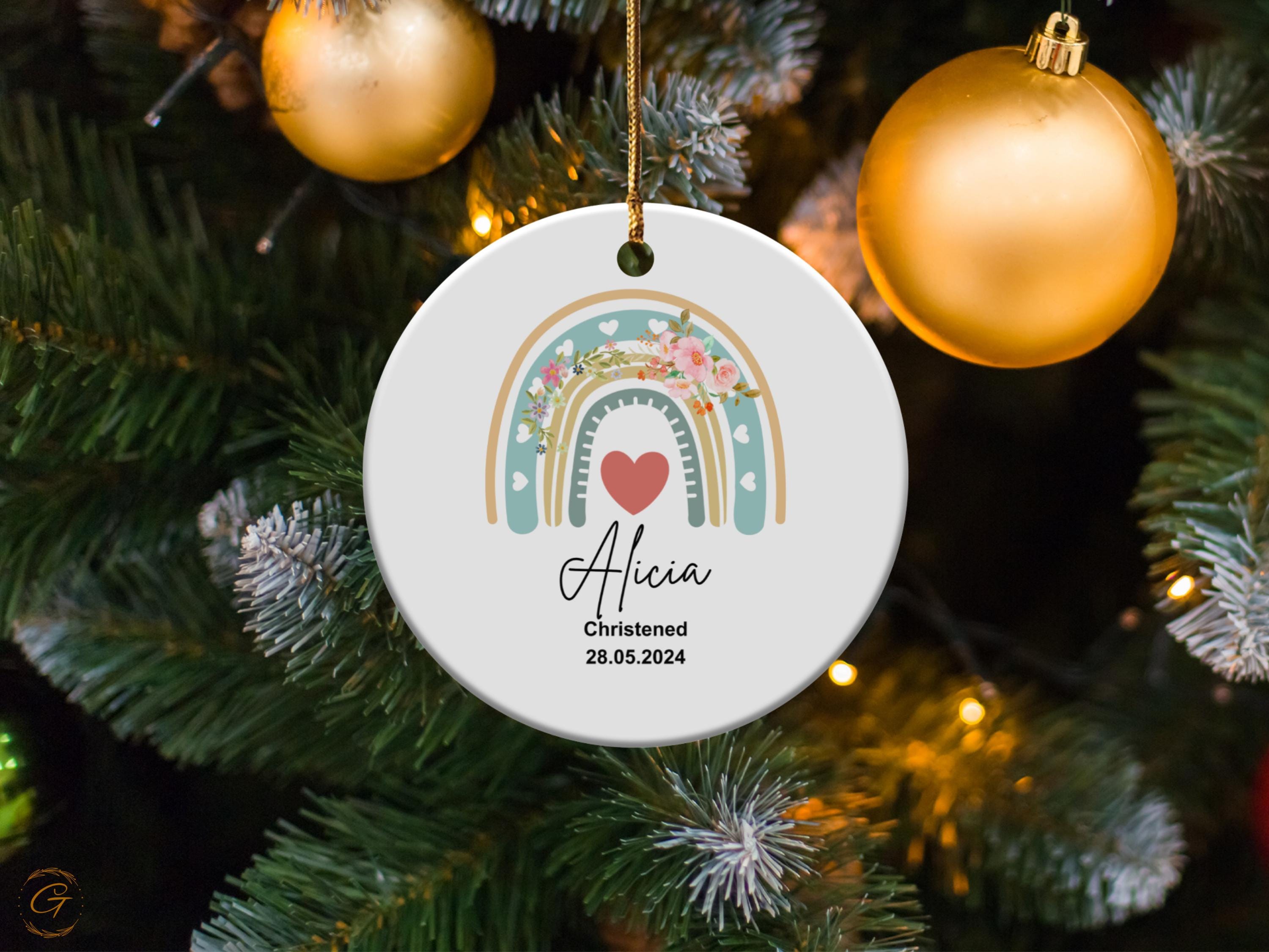 Personalized Baby Christening Ornament, Rainbow Heart Gift, Custom Name Keepsakes, Newborn Baptism Decor, Nursery Wall Arts, Christian World
