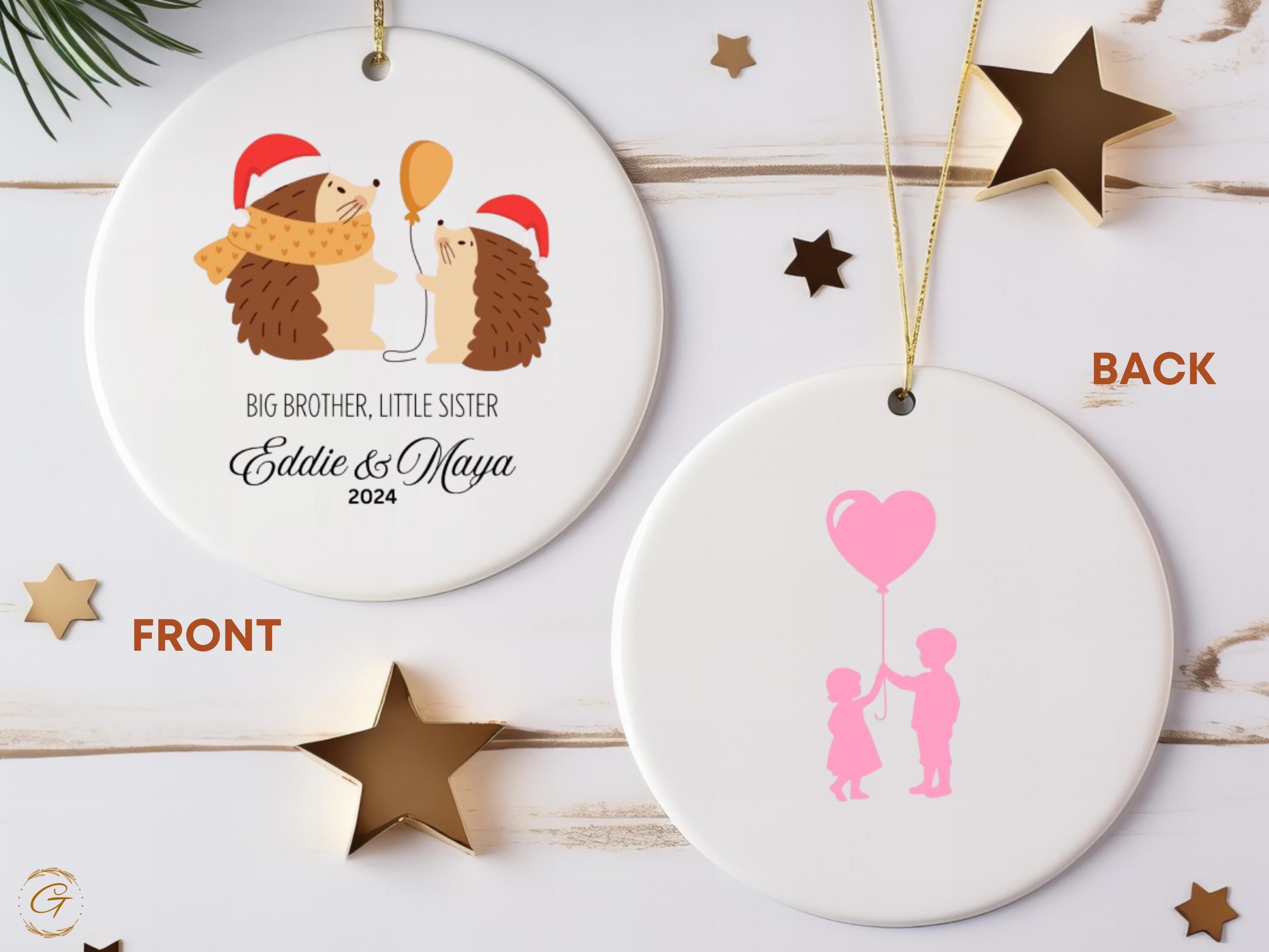 Personalized Siblings Hedgehog Christmas Ornament, Big Brother Little Sister Keepsake, Holiday Gift for Sibling, Custom Cute Family Ornament
