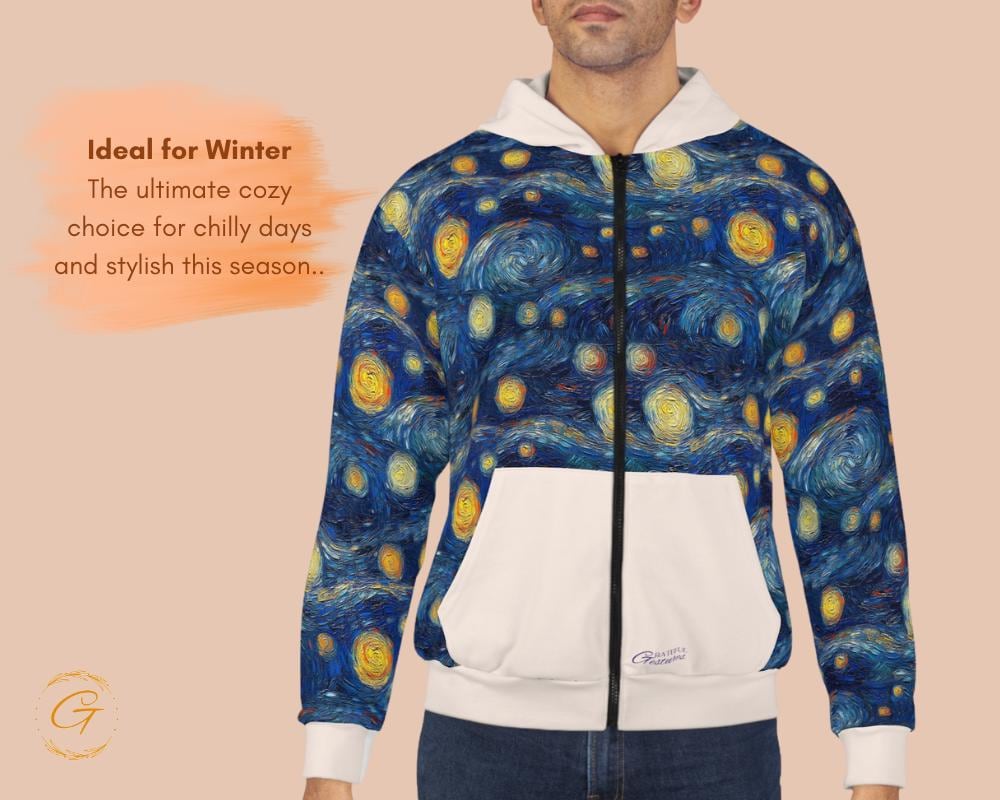 Starry Night White Pocket Design Zip Hoodie All-Over Print