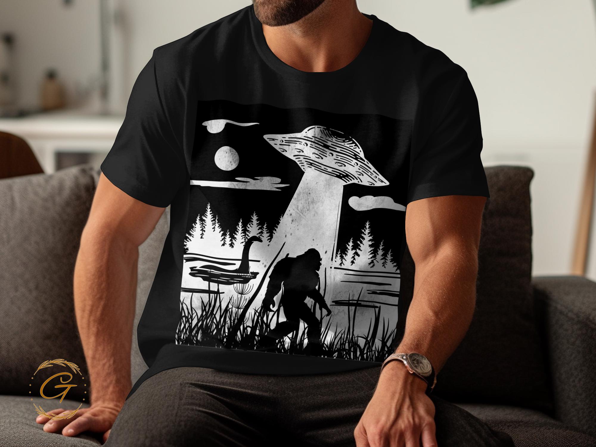 Bigfoot and UFO Encounter Design T-Shirt, Vintage Cryptid Design Tee