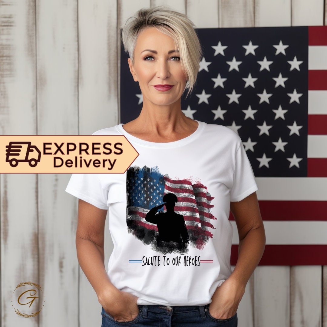 Patriotic Military Salute T-Shirt – "We Will Never Forget" American Flag Graphic Tee