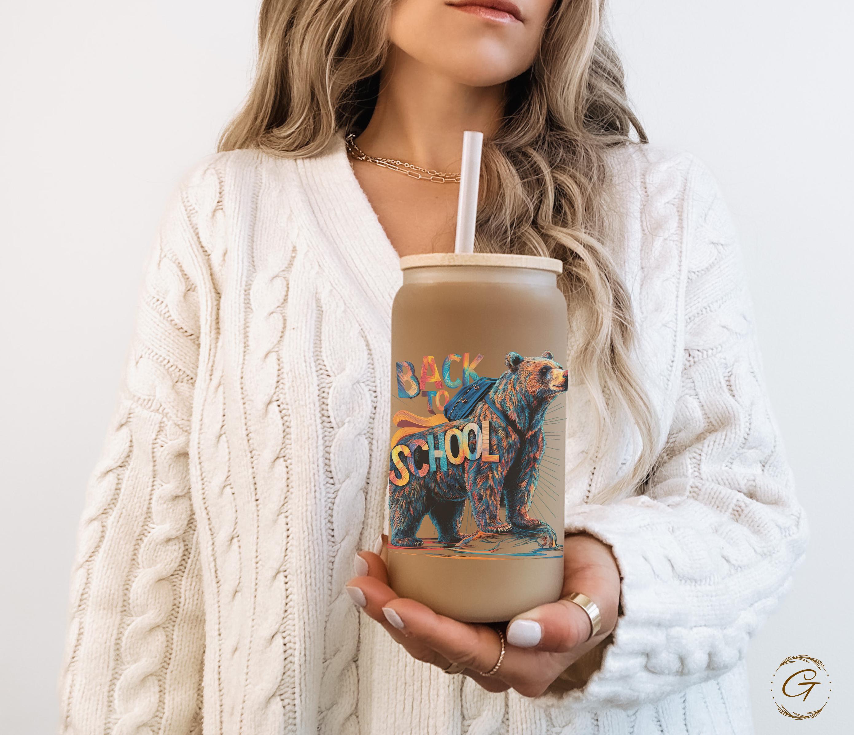 Back to School with Bear Design Frosted Glass Cup