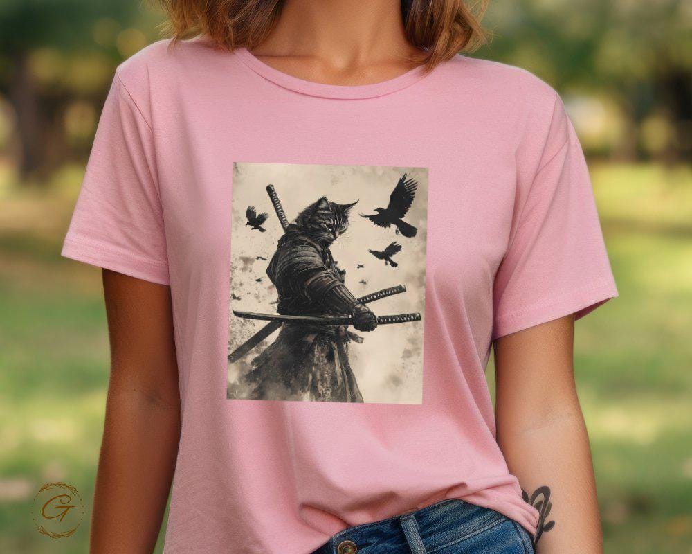 Samurai Cat with Birds Graphic Tee