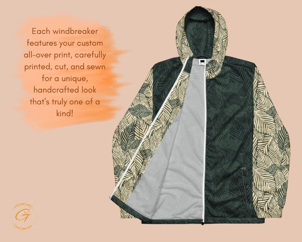 Men’s Windbreaker Leaves Design, Stylish Zip-Up Jacket