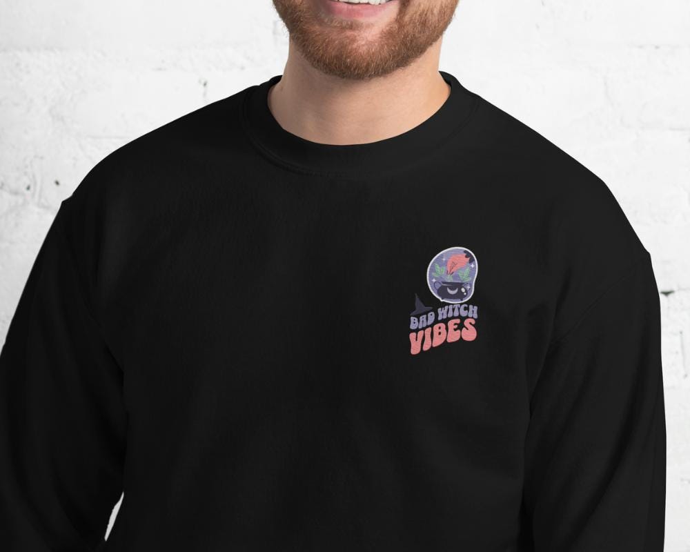 Halloween Sweatshirt, Embroidery Design Sweater, Bad Witch Halloween Pullover, Spooky Crewneck, Witchy Long-Sleeve Top, Cozy Warm-Up Sweater