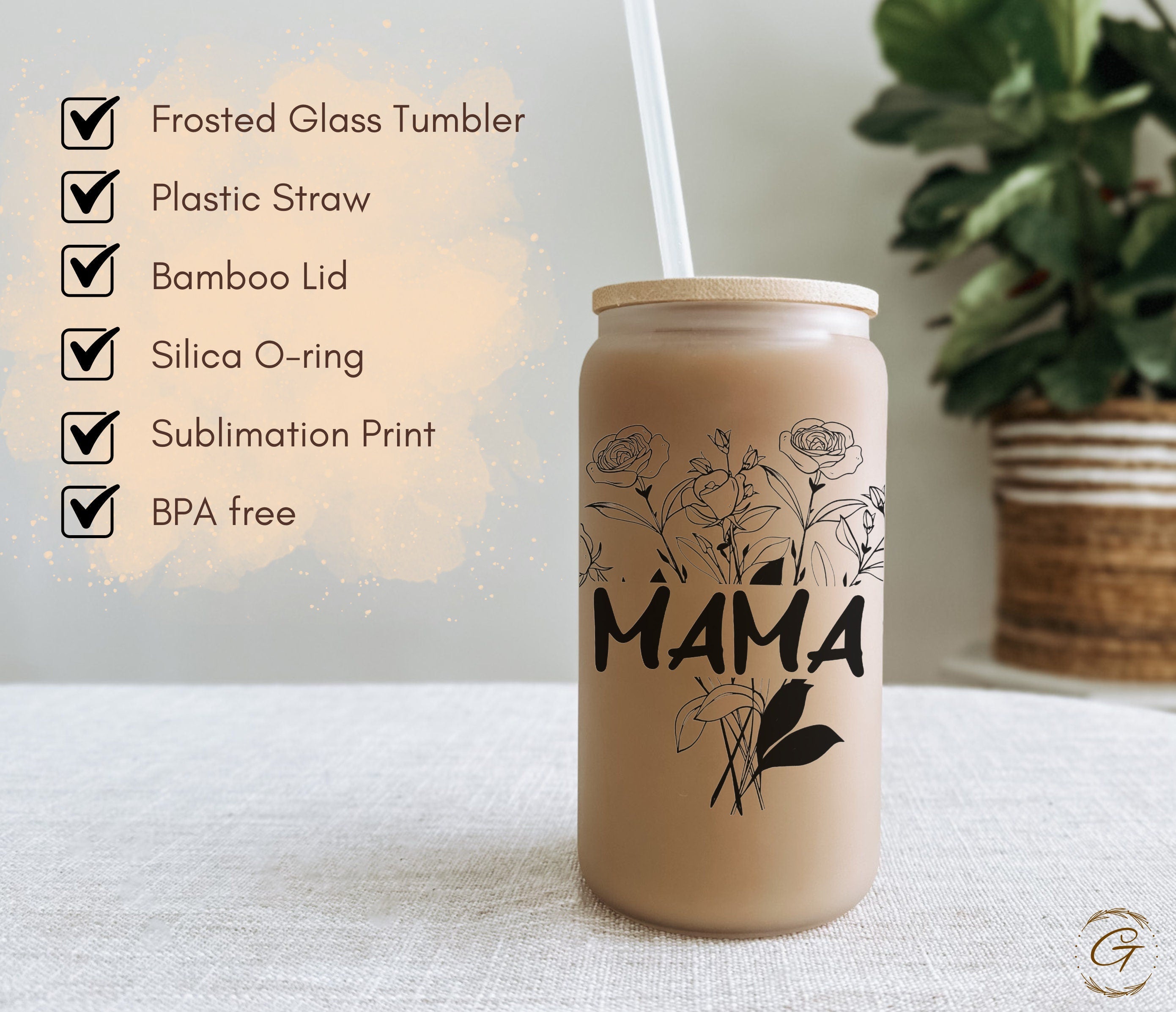 Frosted Glass Tumbler with Rose Mama Design, Stylish & Durable Drinkware, Beautiful Floral Mug Great for Coffee or Tea, Lovely Gift for Moms