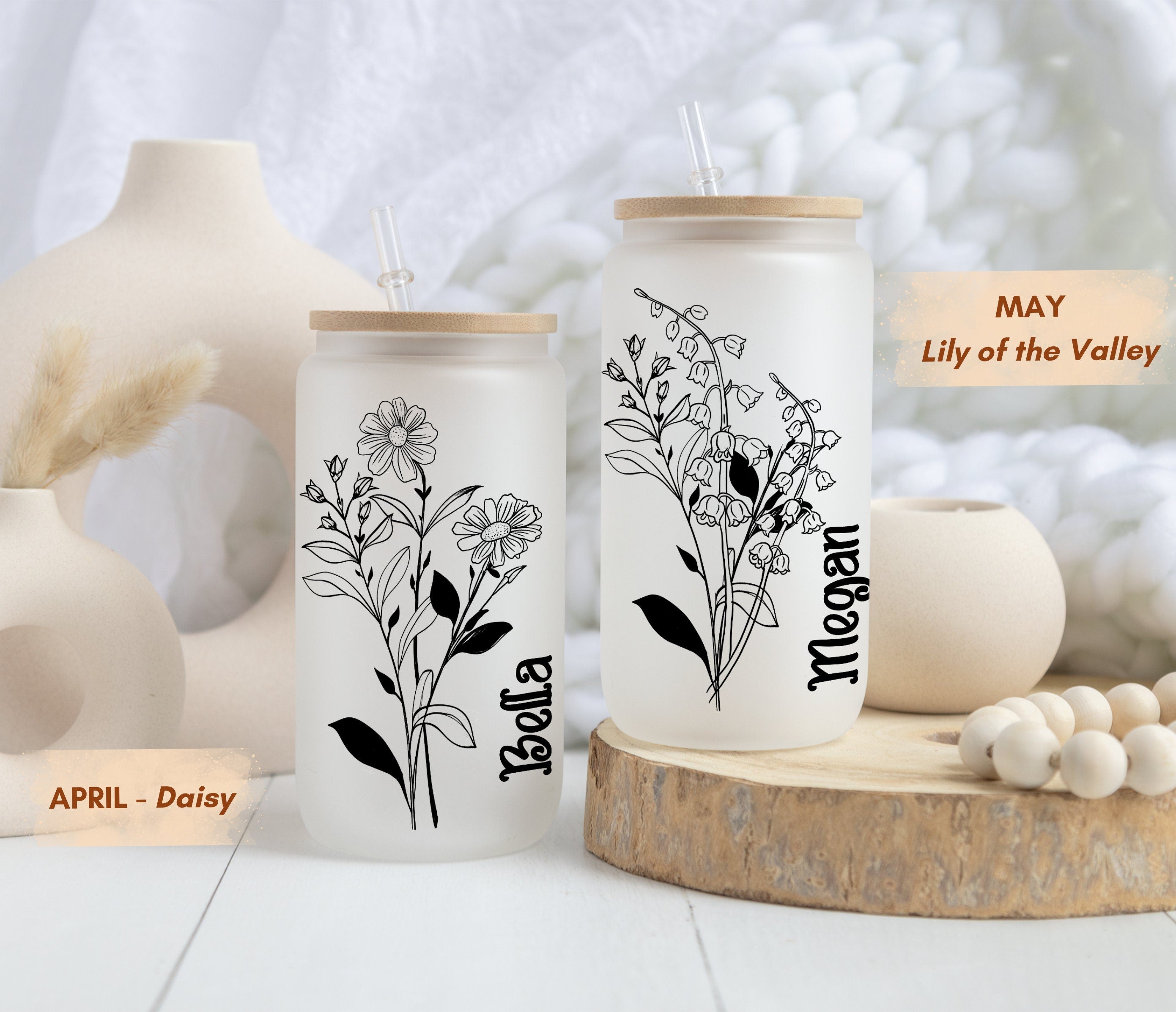 Personalized Birth Month Flowers Frosted Glass Cup Tumbler Custom Frosted Design Perfect Personalized Gift, Unique Keepsake Cup Ideal Gift