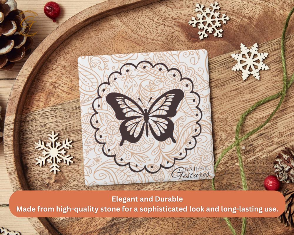Soapstone Coaster with Butterfly Grateful Gestures Design with Durable Cork Backing, Unique Drink Coasters, Thoughtful Gift for Any Occasion