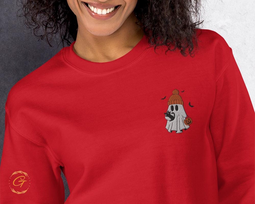 Halloween Sweatshirt Ghost with Cat and Pumpkin Graphic, Halloween Themed Ghost Sweater, Spooky Pumpkin Crewneck Pullover Gift for Halloween