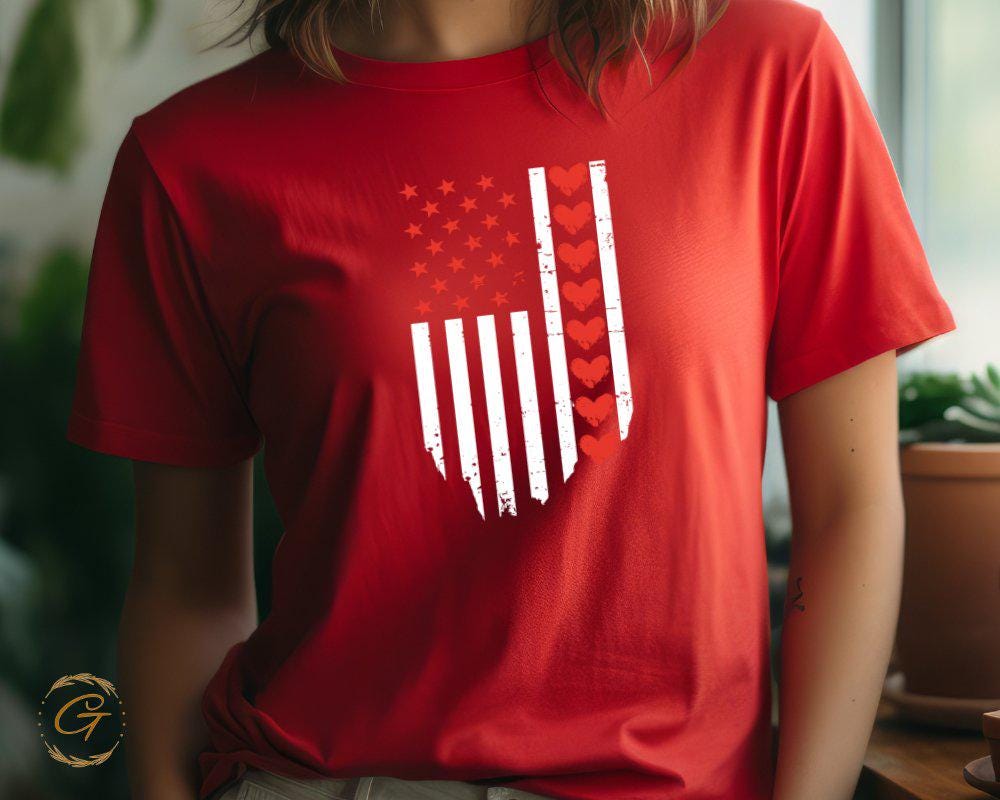 Valentine T-Shirt, Patriotic American Flag Hearts Tee