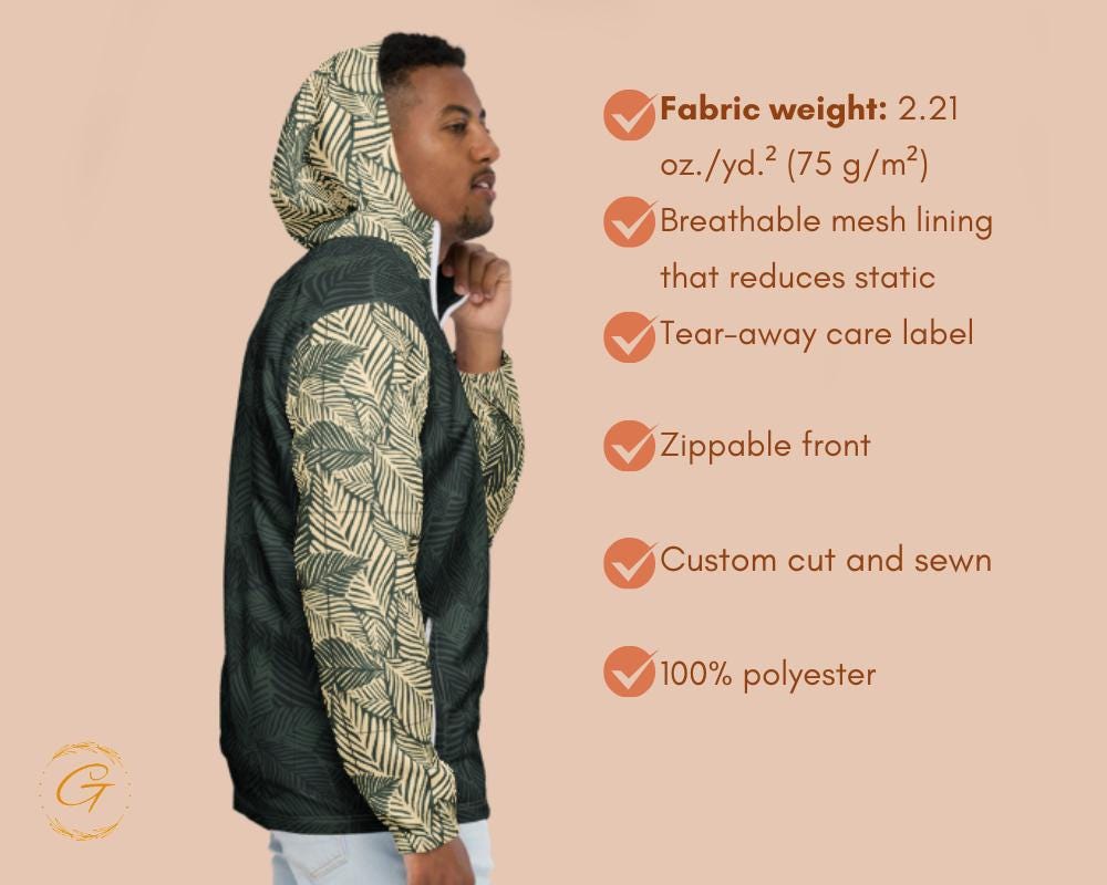 Men’s Windbreaker Leaves Design, Stylish Zip-Up Jacket