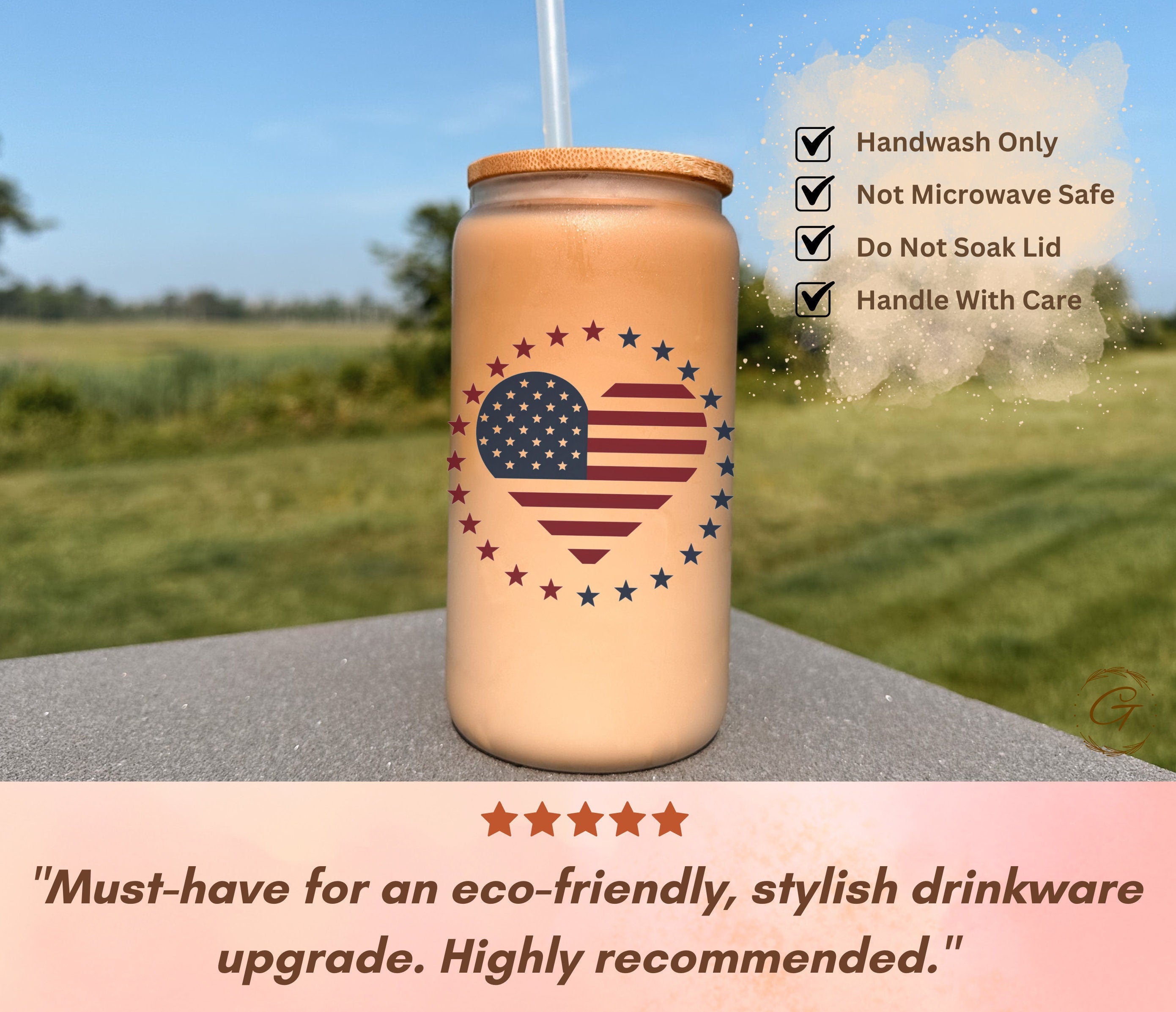 16oz Frosted Libbey Glass Cup with Patriotic Heart