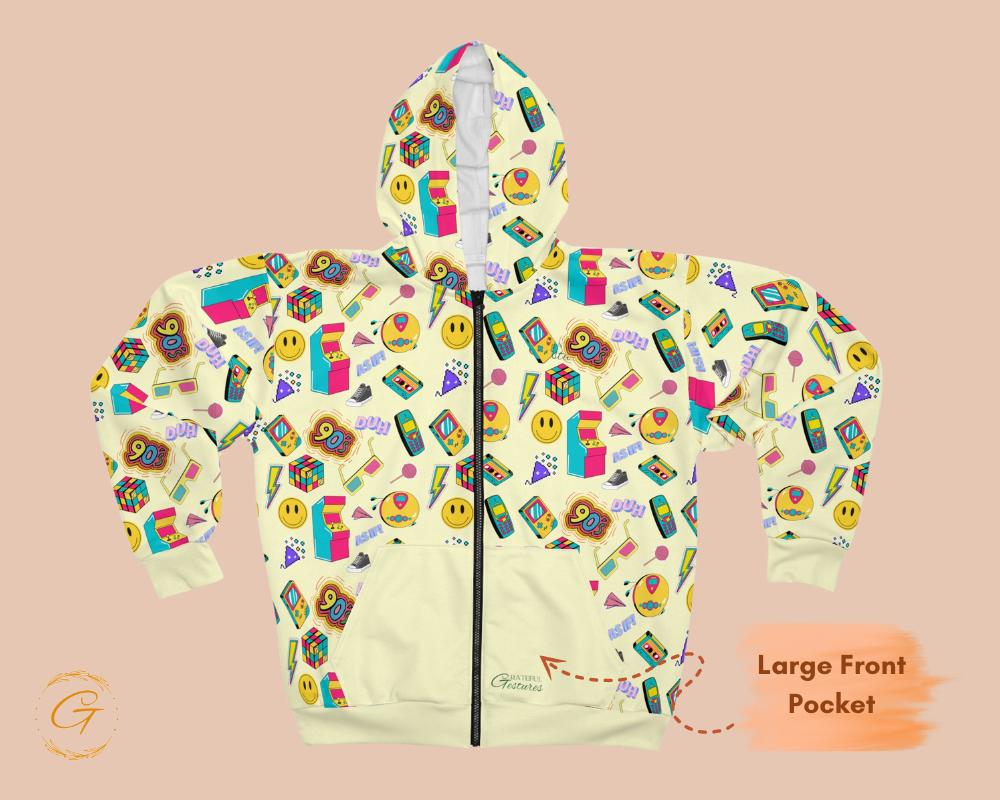 90s Nostalgia Unisex Zip Hoodie AOP, Retro Throwback Hoodie