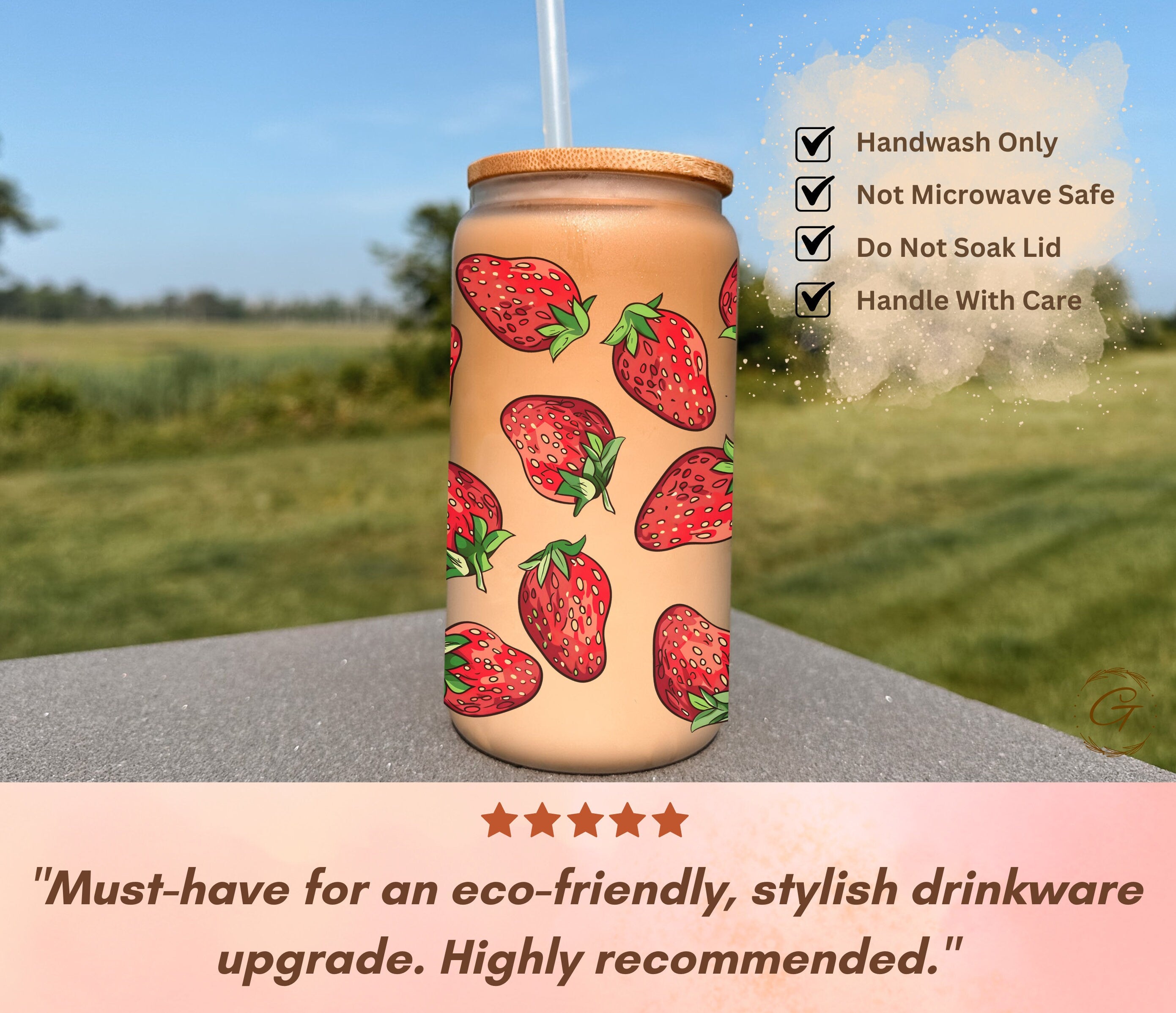 Strawberry Pattern Frosted Glass Libbey Cup