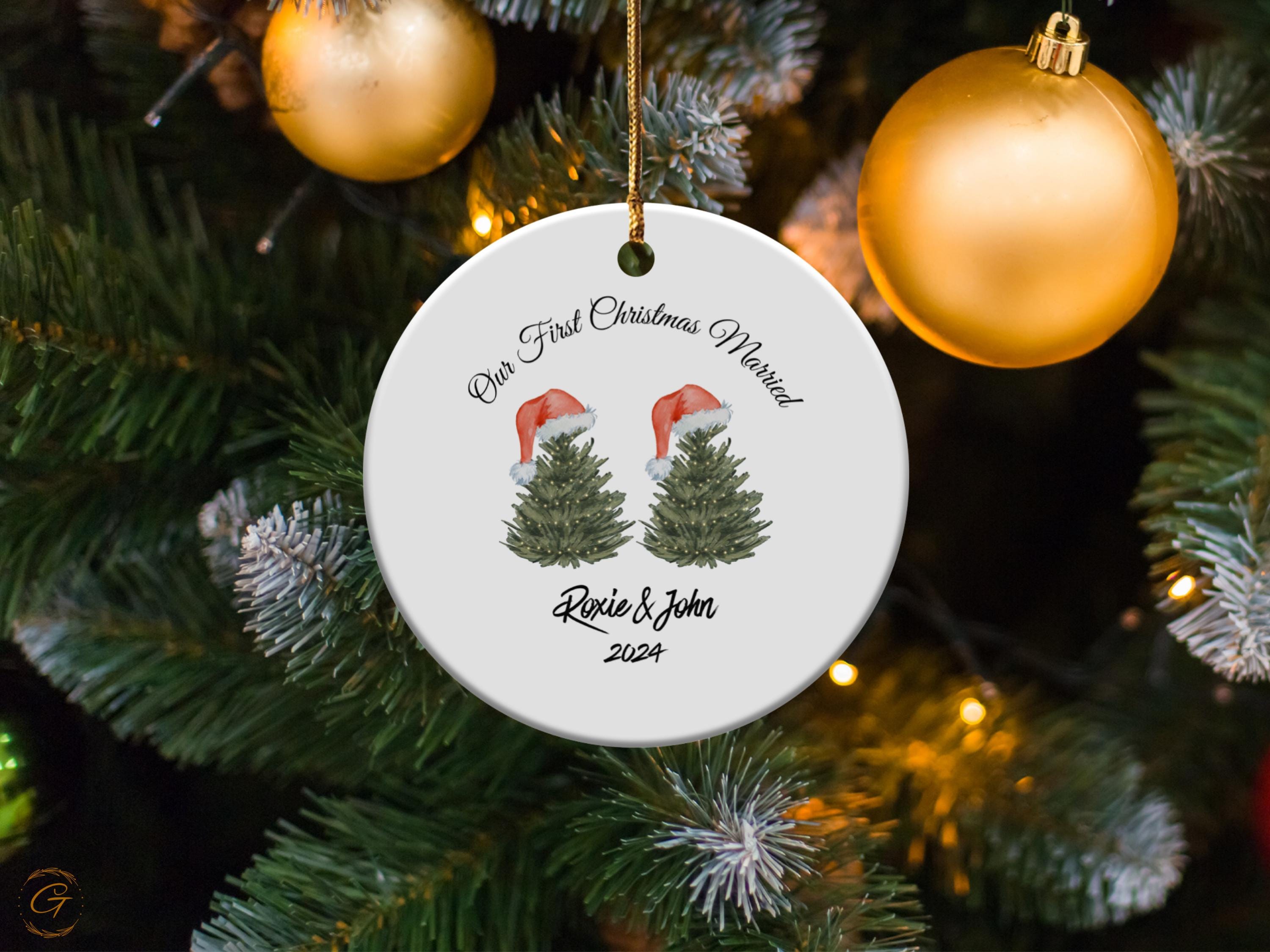 Personalized First Christmas Married Ornament, Anniversary Keepsake Gift, Christmas Tree Design with Santa Hats 24 Edition, Holiday Keepsake