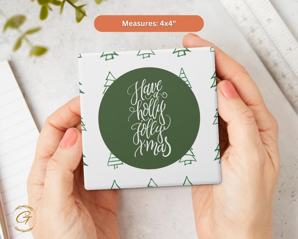 Soapstone Coaster with "Have a Holly Jolly Christmas" Green Design, Festive Holiday Coaster, Cork Backing, Christmas Decor, Unique Gift Idea