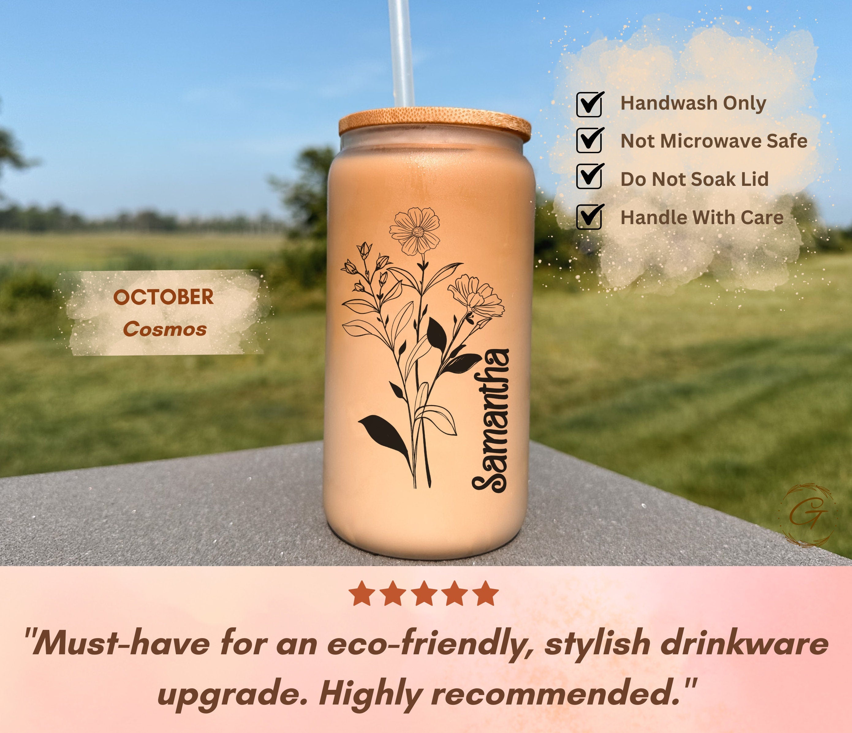 Personalized Birth Month Flowers Frosted Glass Cup Tumbler Custom Frosted Design Perfect Personalized Gift, Unique Keepsake Cup Ideal Gift