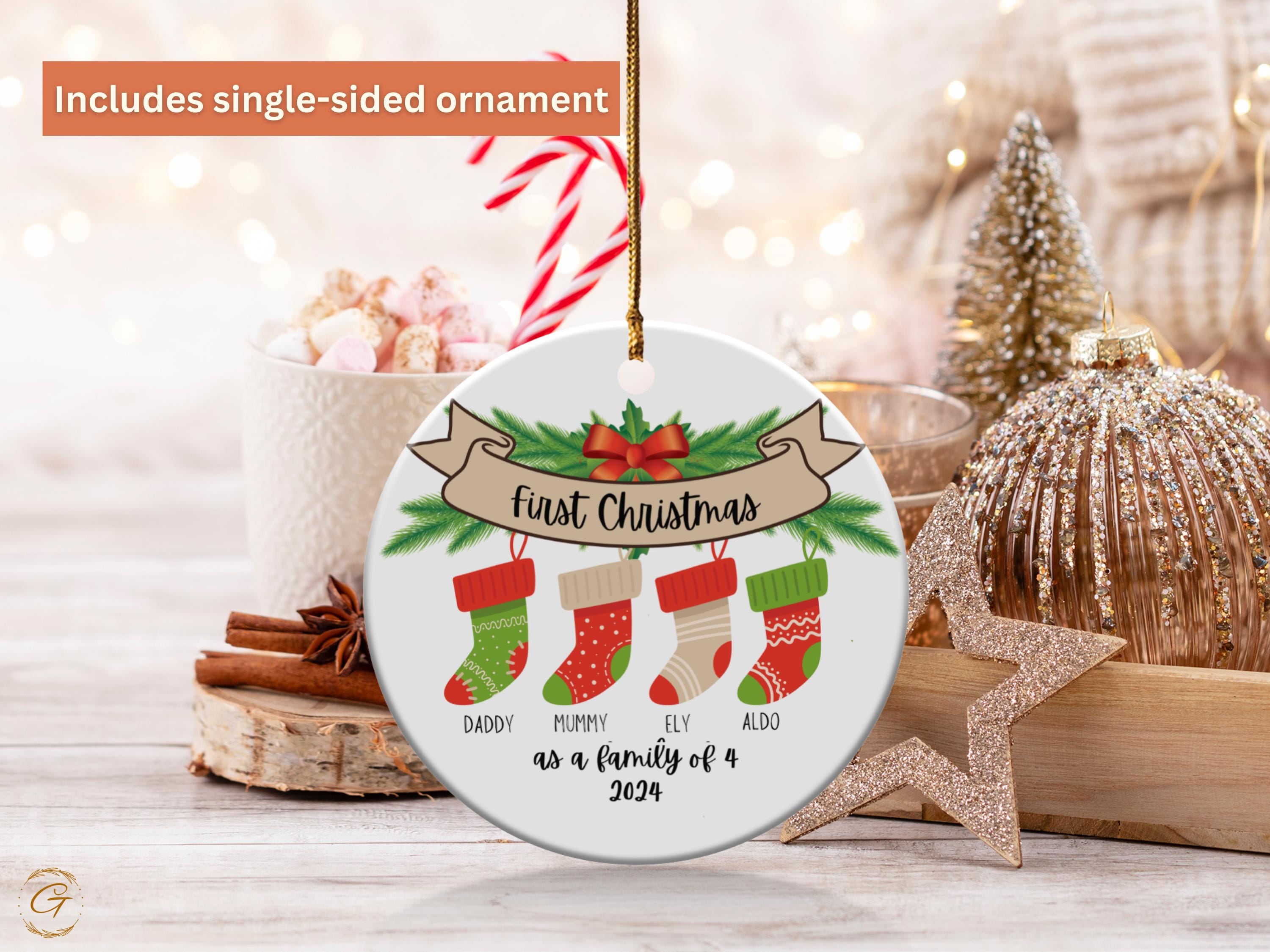 First Christmas Family of 4 Ornament | Personalized Stocking Ornament | Holiday Decor & Christmas Gift 2024 | Unique Gift for Stockings 2024